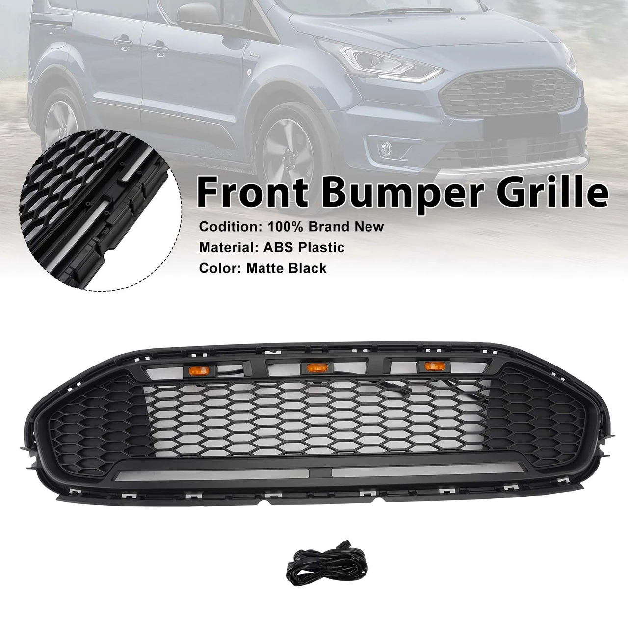 Black Front Bumper Grill Grille Fit Ford Transit Connect 2019-2023 W/LED
