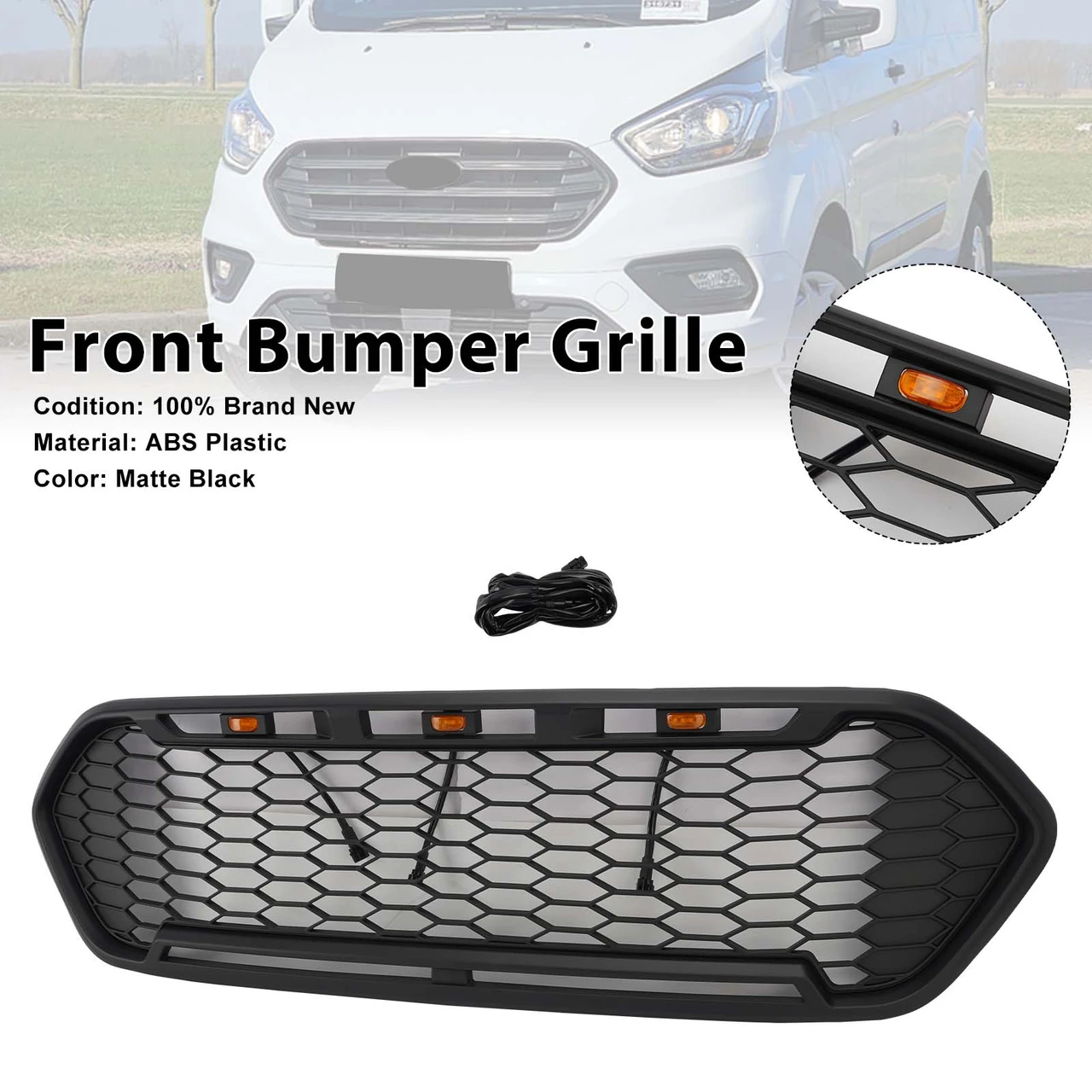 Matte Black Front Bumper Grille Fit Ford Transit Custom Trail 2018-2023 W/3LED