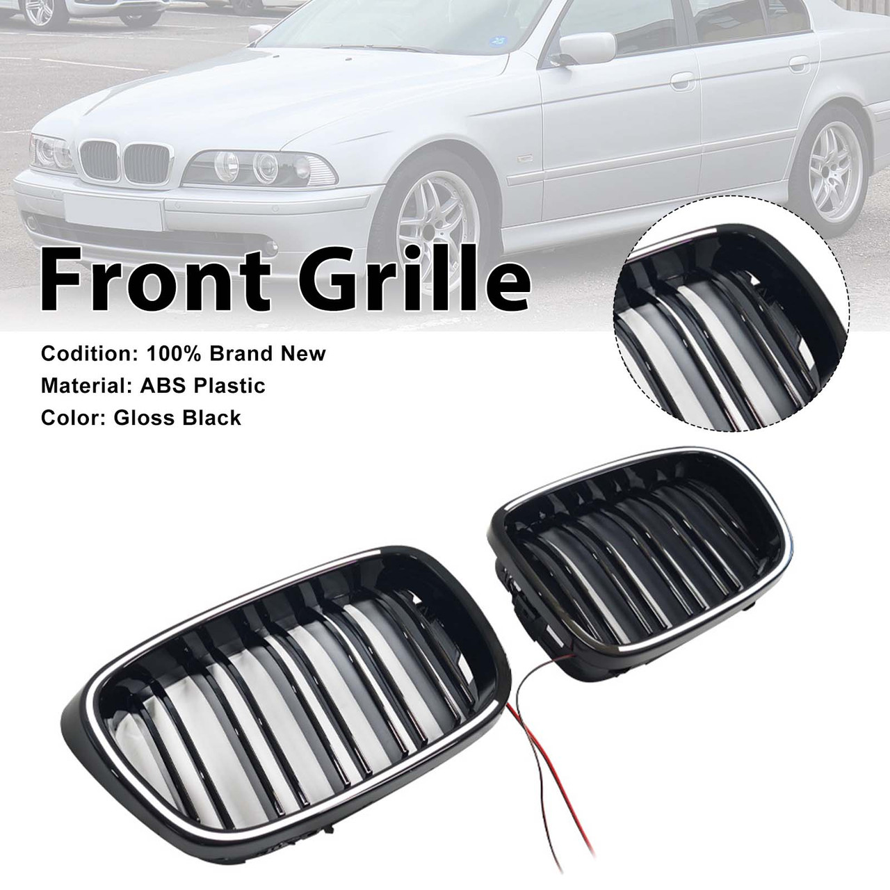 Gloss Black Front Kidney Grill Grille Fit BMW 5 Series E39 1998-2003 W/LED