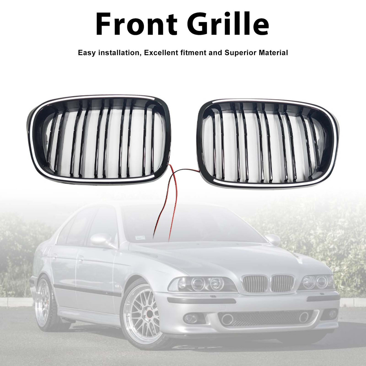 Gloss Black Front Kidney Grill Grille Fit BMW 5 Series E39 1998-2003 W/LED