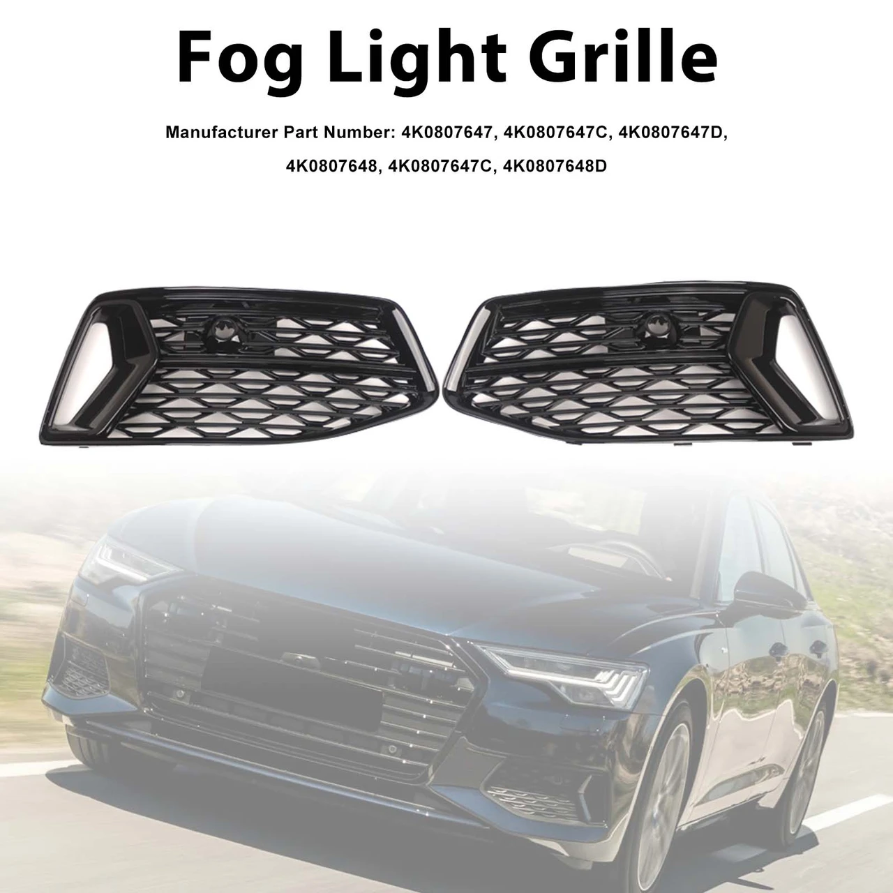 2PCS Front Bumper Grill Grille Fog Light Cover Fit Audi A6 C8 2019-2023