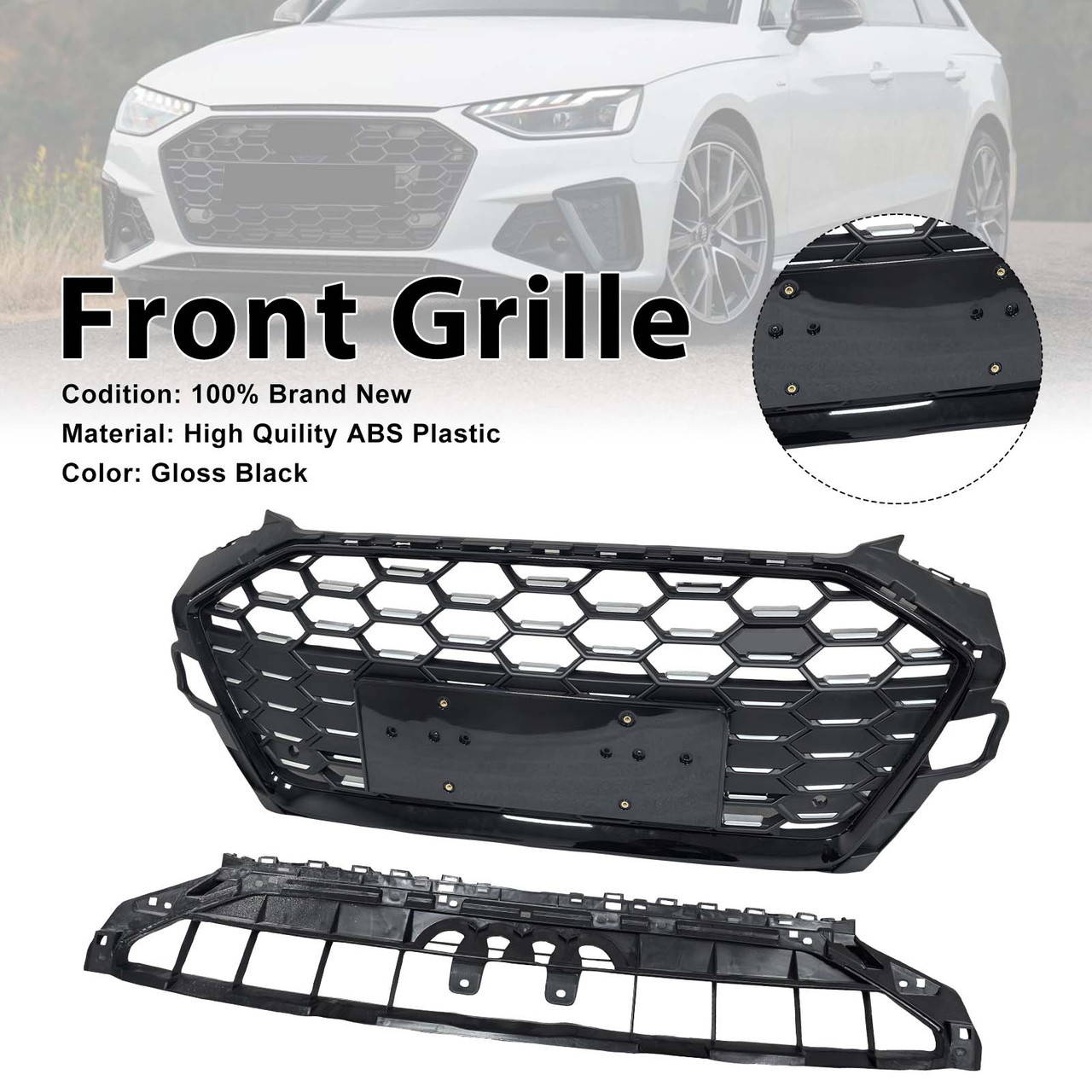 RS4?Style Front Bumper Grille Grill 8W0853651D Fit Audi A4 S4 B9.5 2020?2022