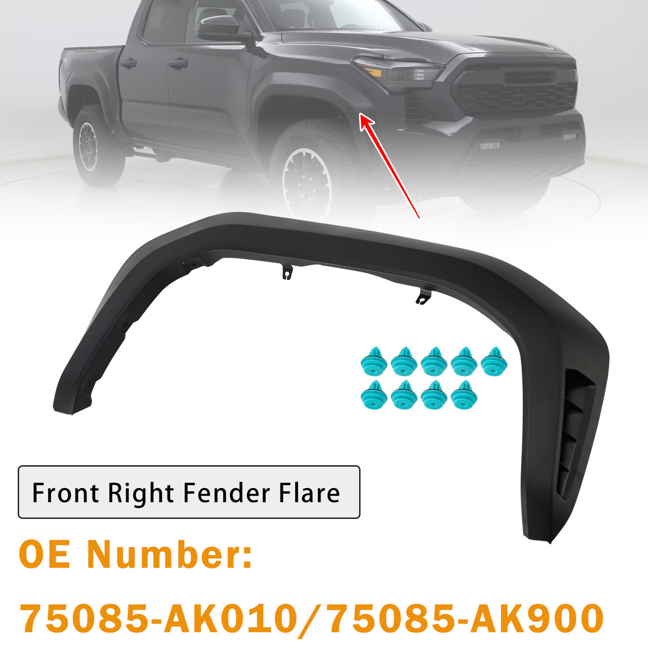 Front Right Fender Flare 75085-AK900 With Clips For Toyota Tacoma 2024-2026