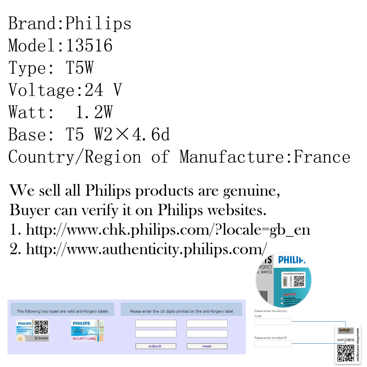 10pcs Genuine PHILIPS 13516 24V T5 W1.2W W2×4.6d Standard Signaling Lamp Bulb