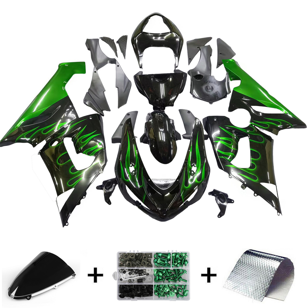 Amotopart Fairings Kawasaki ZX6R 636 Black & Green Flame Ninja Racing  (2005-2006)