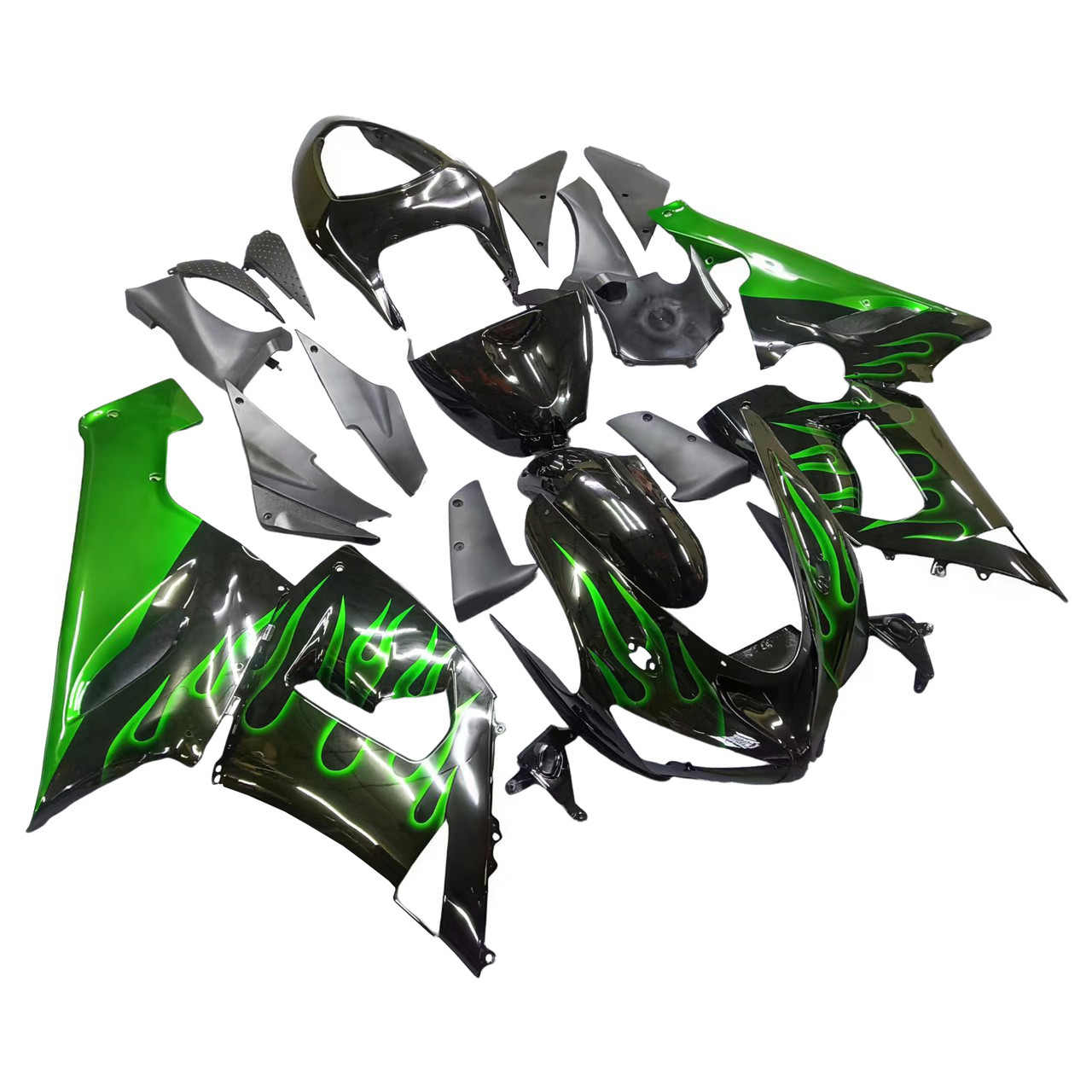 Amotopart Fairings Kawasaki ZX6R 636 Black & Green Flame Ninja Racing  (2005-2006)