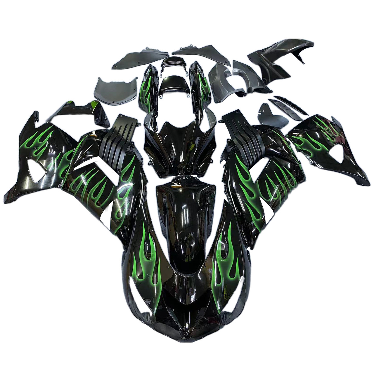 アーニーページ Amotopart Fairings Kawasaki ZX14R Black & Green Flame Ninja Racing