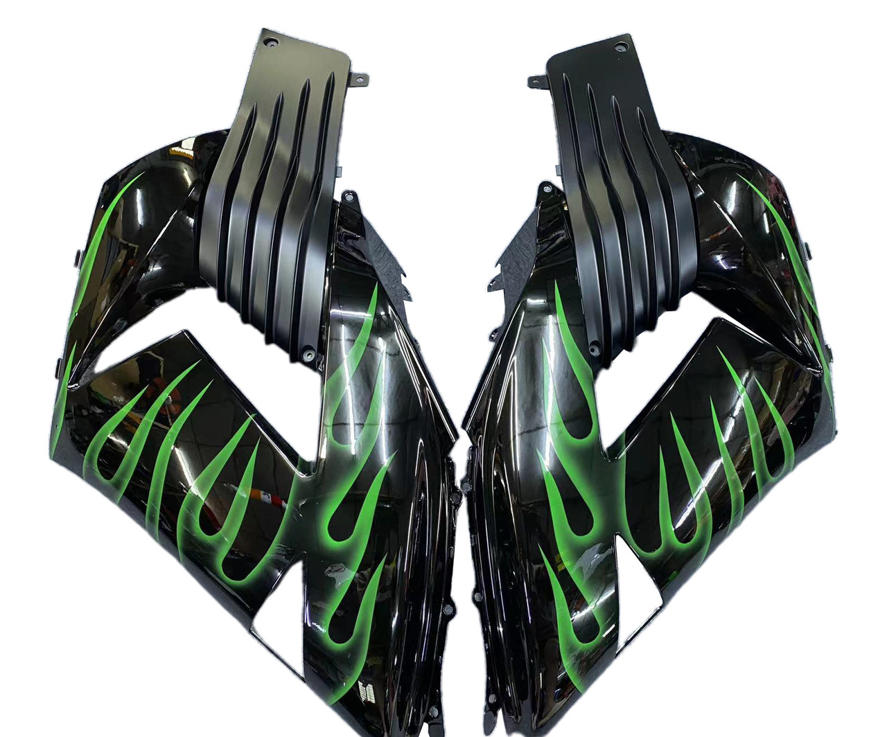アーニーページ Amotopart Fairings Kawasaki ZX14R Black & Green Flame Ninja Racing