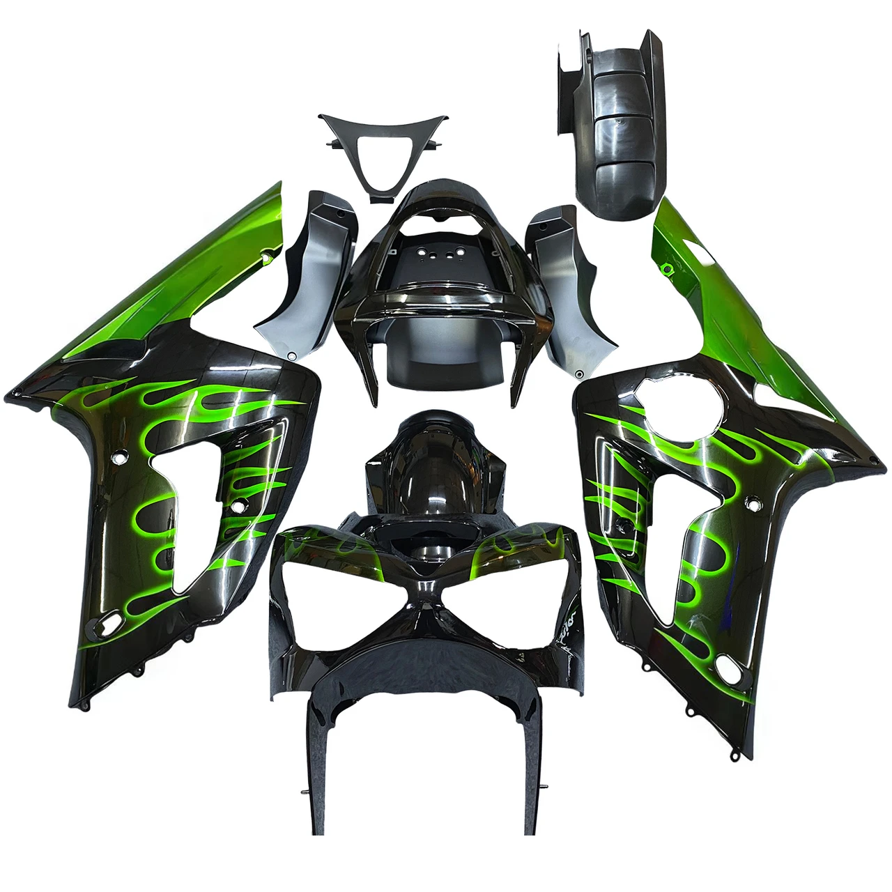 Amotopart Fairings Kawasaki ZX6R 636 Black & Green Flame Ninja Racing  (2003-2004)