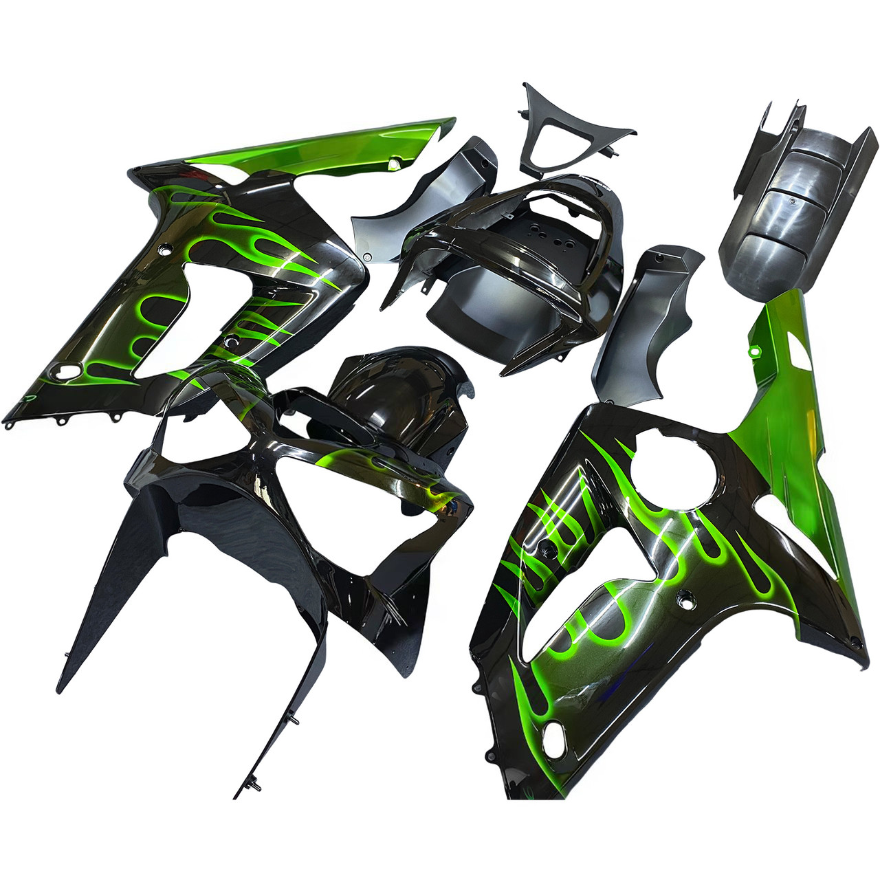 Amotopart Fairings Kawasaki ZX6R 636 Black & Green Flame Ninja Racing  (2003-2004)