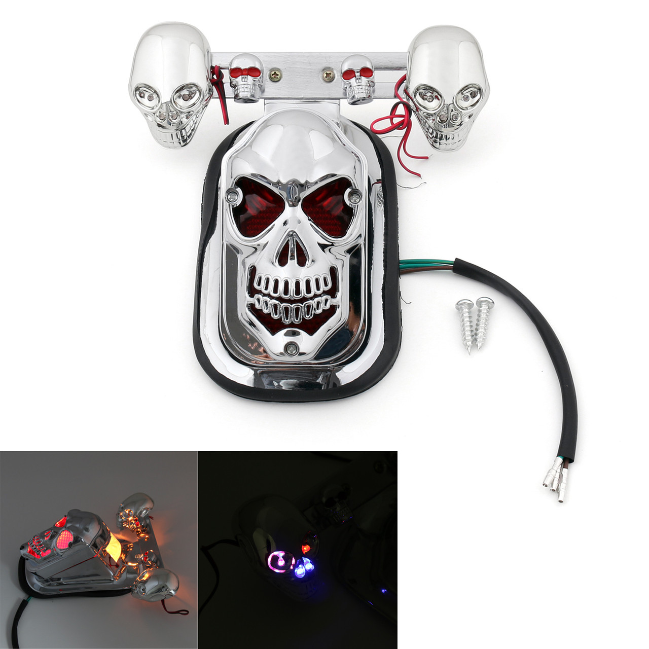 Skull Tail Light Rear Indicators Turn Signals License Tag Bracket Set Harley Davidson, Chrome, Blue LED Indicators