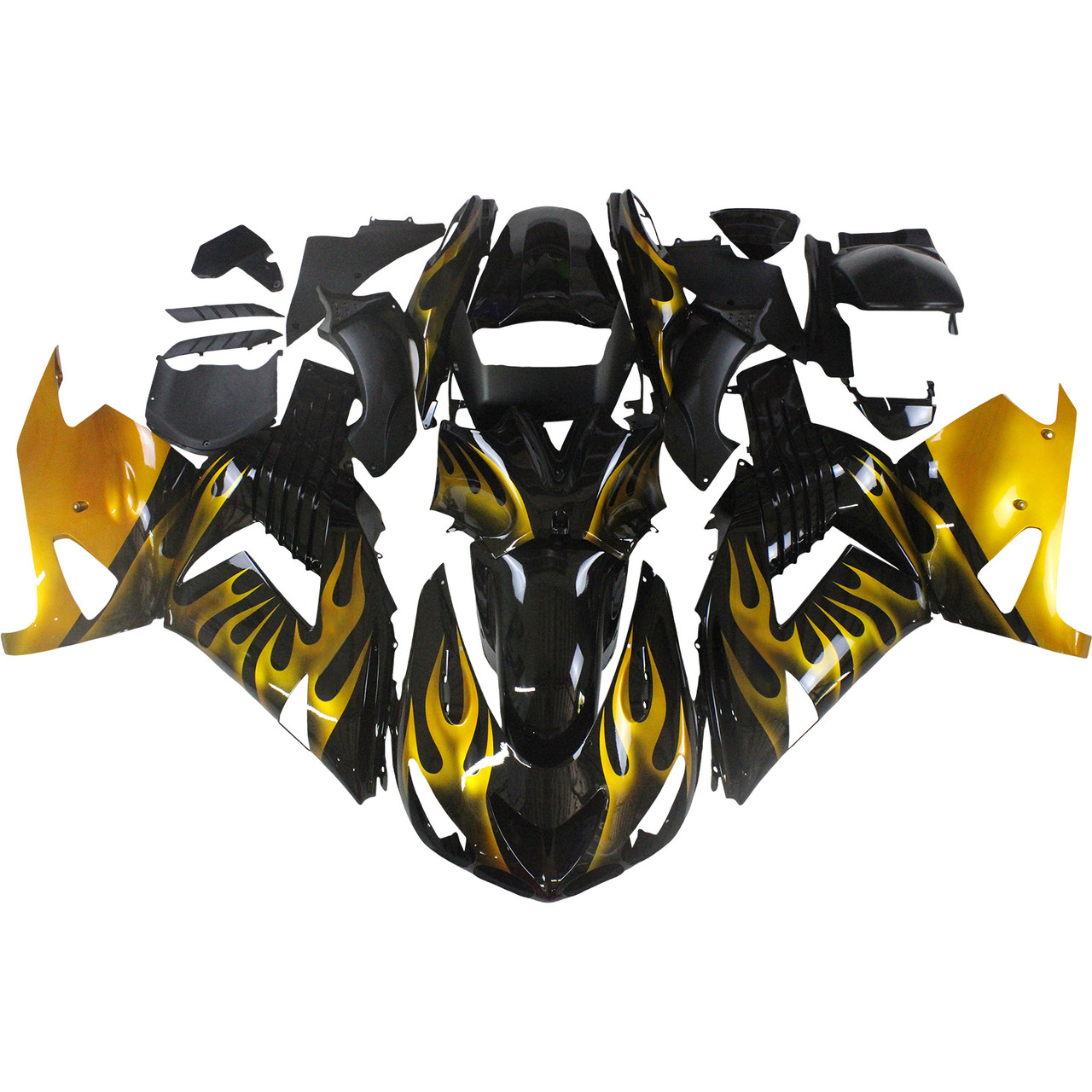 Amotopart Fairings Kawasaki ZX14R Black & Gold Flame Ninja Racing (2006-2011)