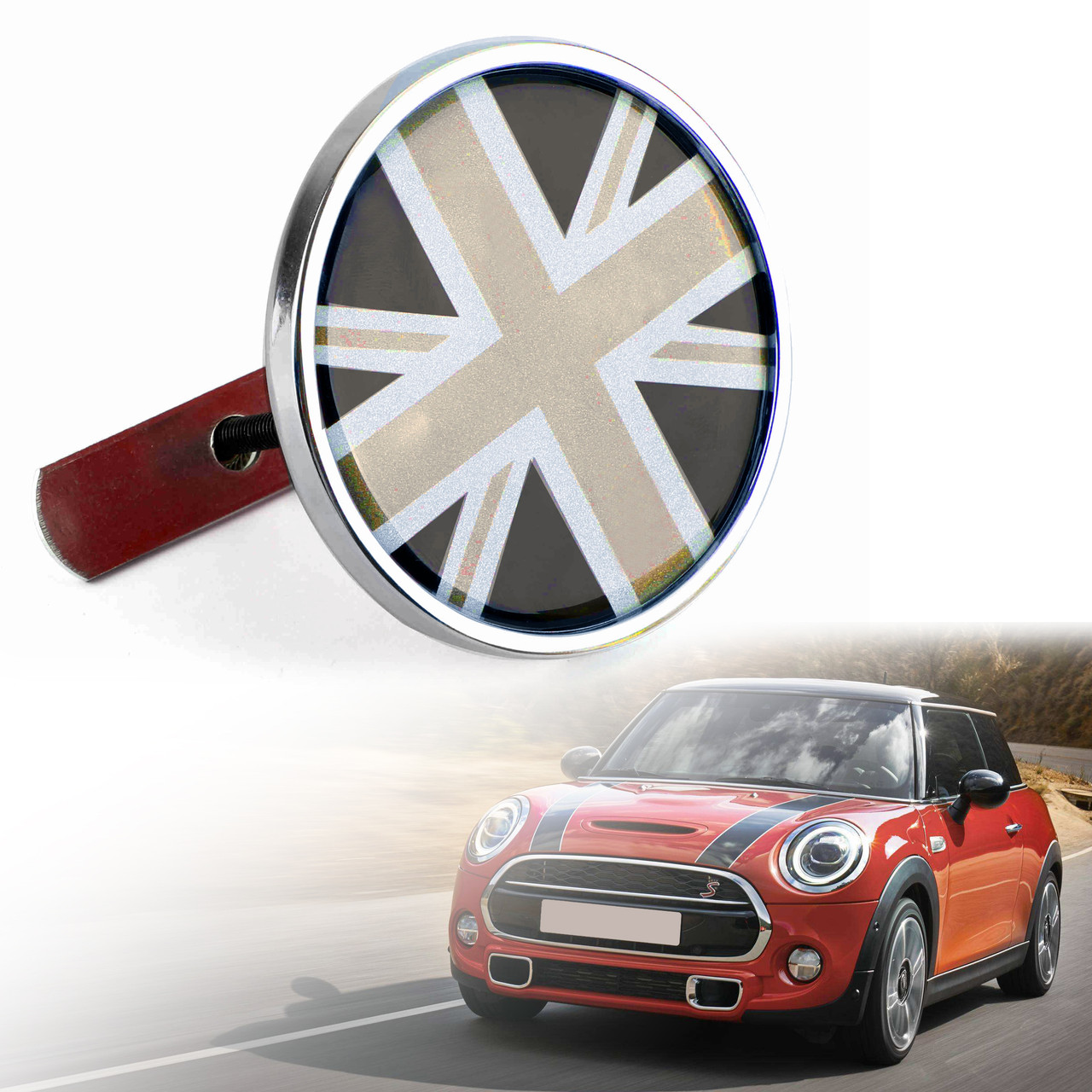 Front Grill Badge w/ Holder Black Union Jack UK Flag MINI Cooper R50 R55 R56