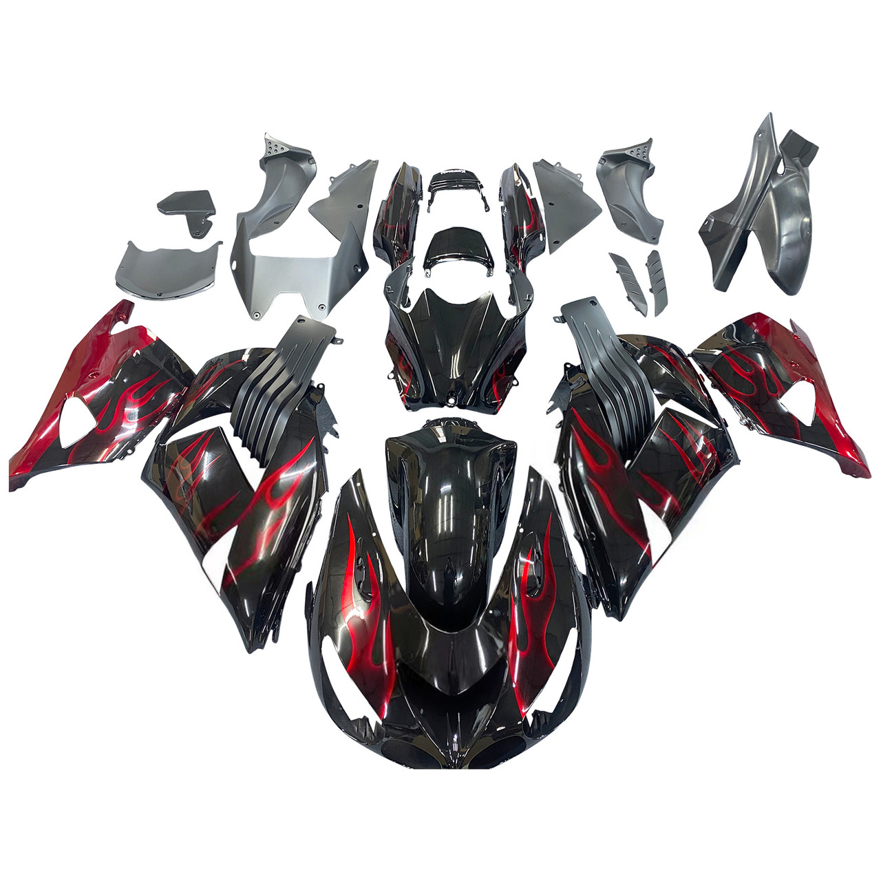 Amotopart Fairings Kawasaki ZX14R Black & Red Flame Ninja Racing (2006-2011)