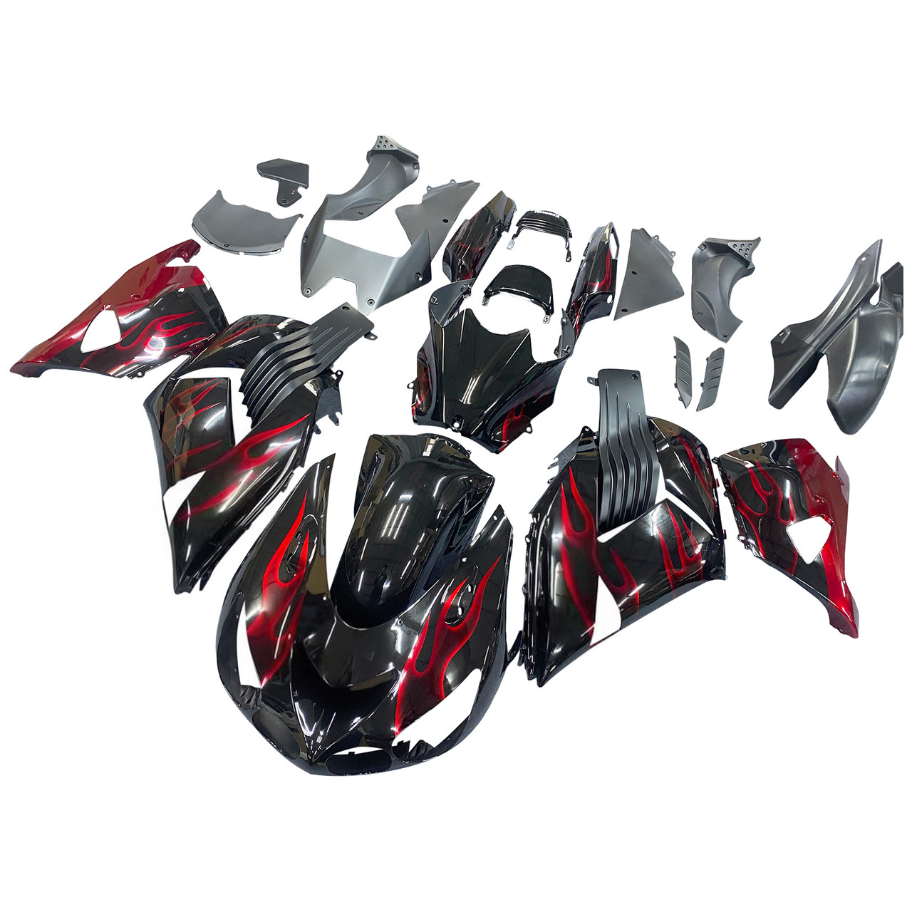 Amotopart Fairings Kawasaki ZX14R Black & Red Flame Ninja Racing (2006-2011)