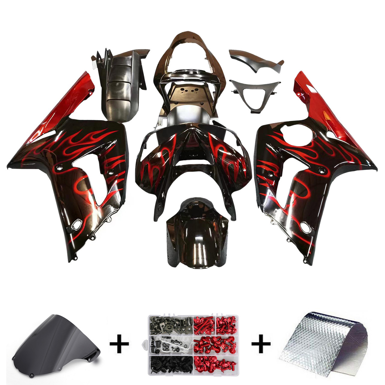Amotopart Fairings Kawasaki ZX6R 636 Black & Red Flame ZX6R Racing  (2003-2004)