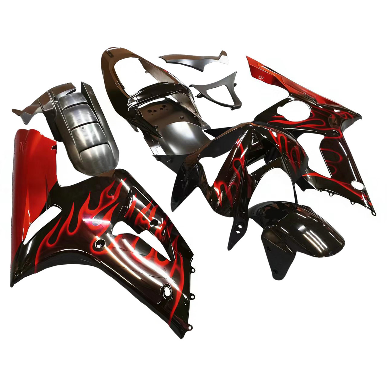 Amotopart Fairings Kawasaki ZX6R 636 Black & Red Flame ZX6R Racing  (2003-2004)