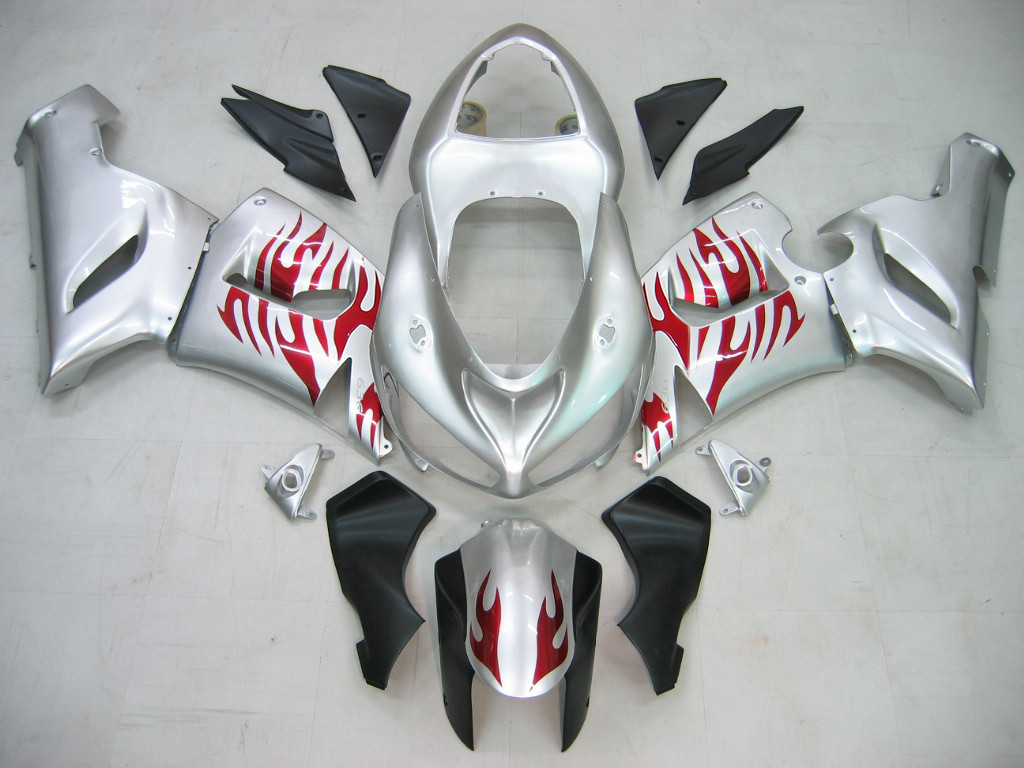Amotopart Fairings Kawasaki ZX6R 636 Silver & Red Flame Ninja  Racing  (2005-2006)