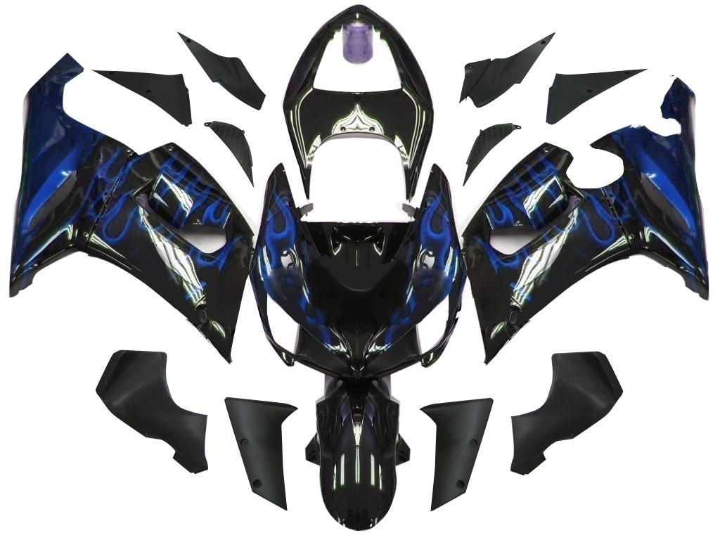 Amotopart Fairings Kawasaki ZX6R 636 Black & Blue Flame Ninja Racing  (2005-2006)