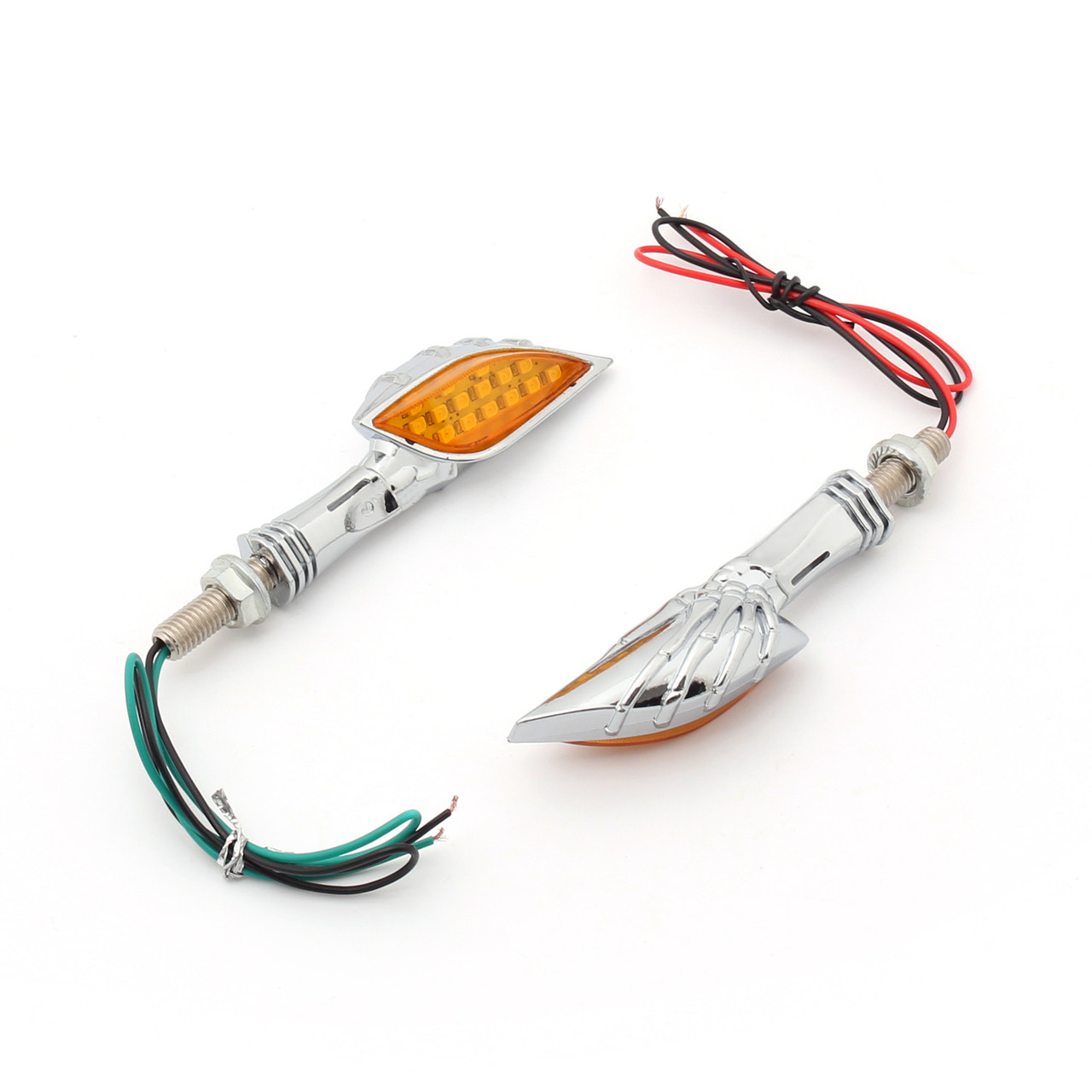 Skeleton Hand Arm LED Indicators Turn Signals Universal Fit Custom Chopper, Chrome Amber Lens