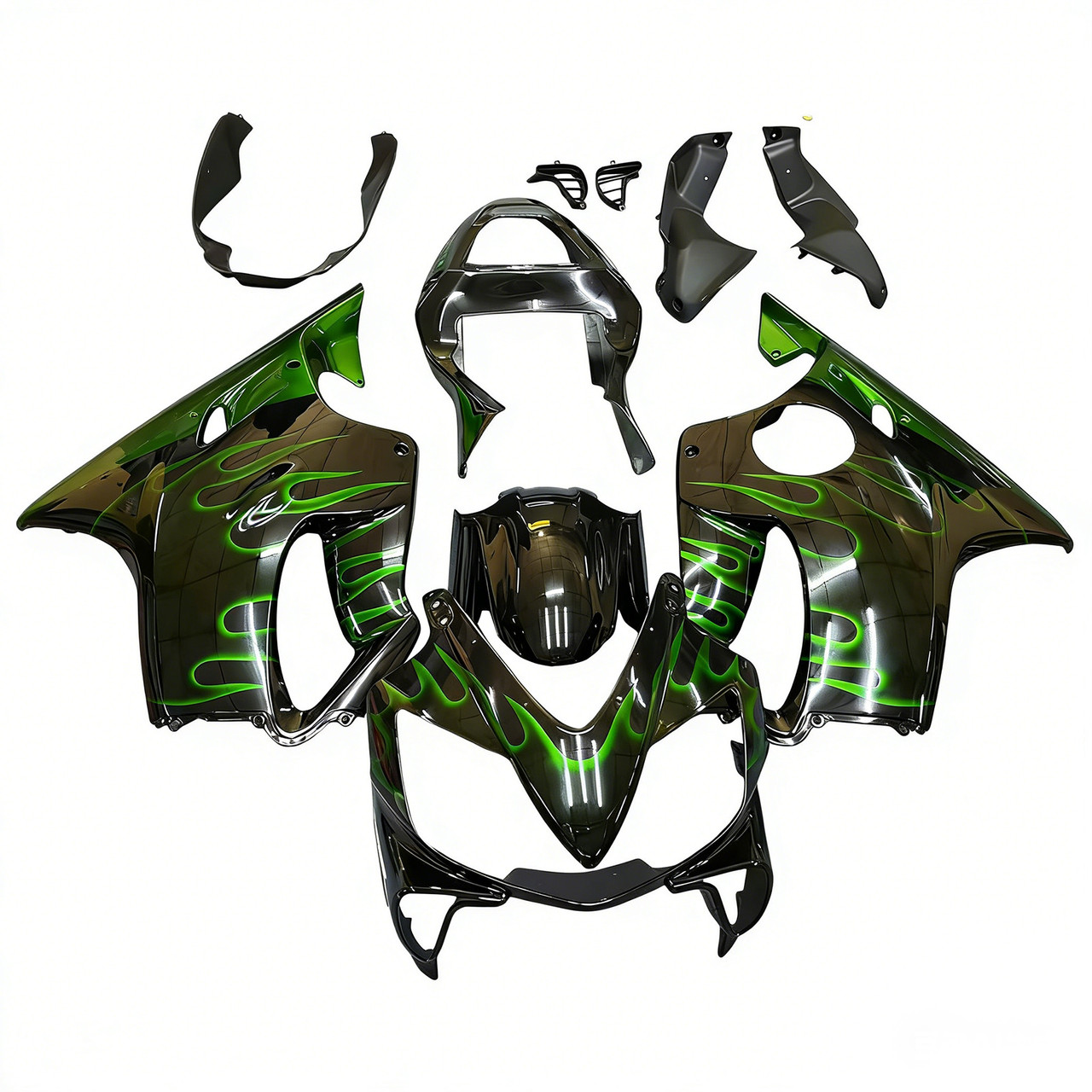 Amotopart Fairings Honda CBR 600 F4i Black & Green Flame Racing (2001-2003)