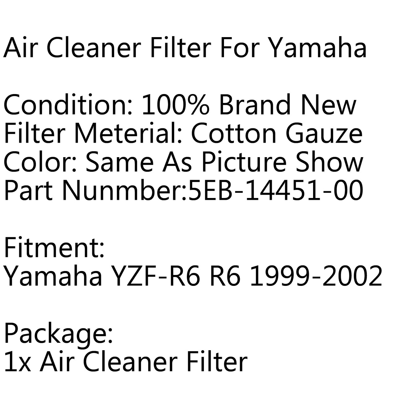 Air Filter Cleaner Element 5EB-14451-00 Yamaha YZF-R6 R6 (1999-2002), White