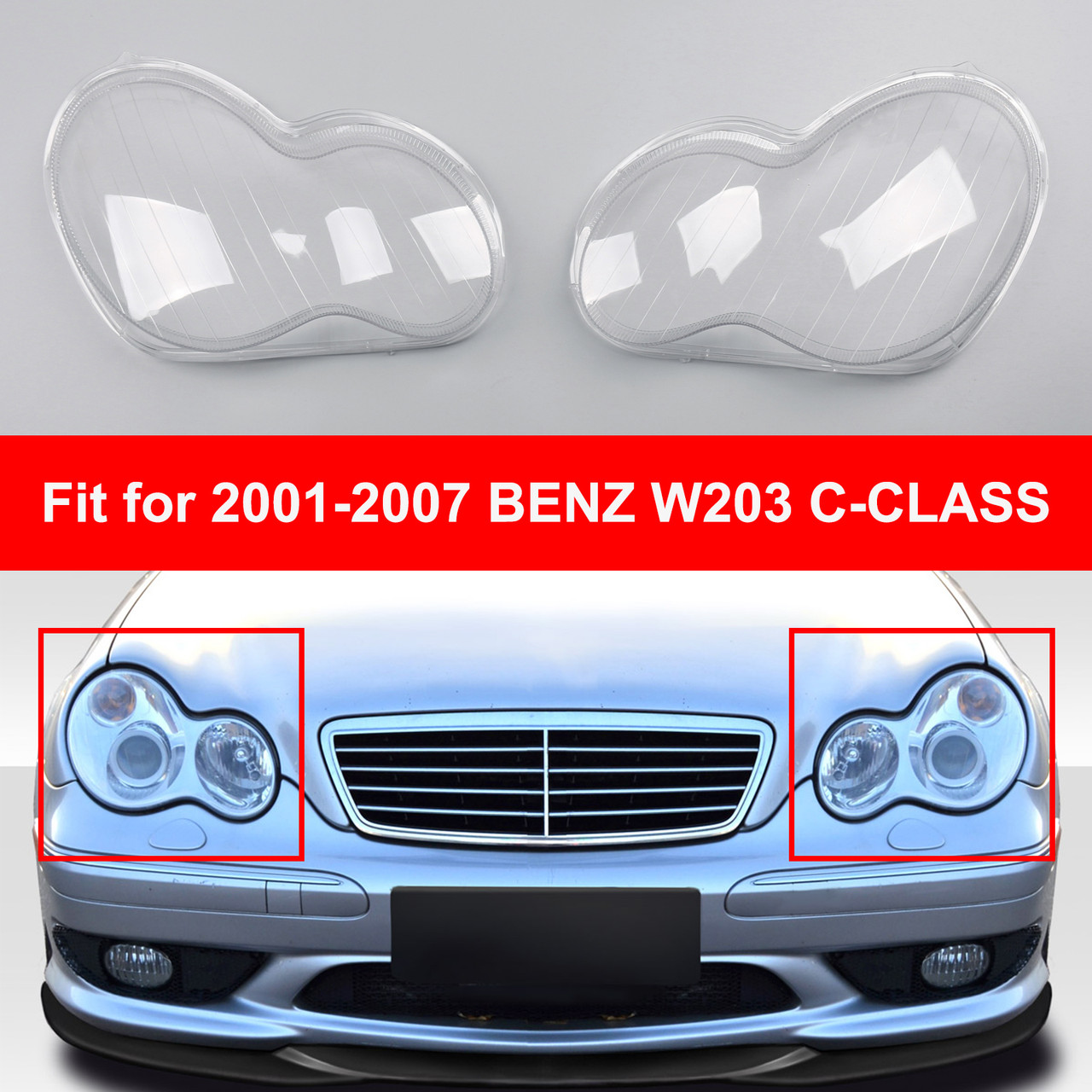 Headlight Lens Shell Plastic Cover Right For Benz W203 C-Class 4 Door (2001-2007) Pair