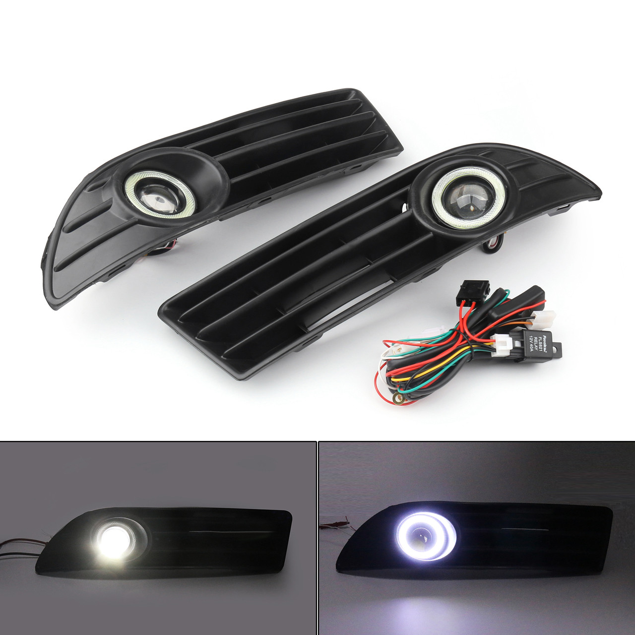 PAIR LED Fog Light Lamp Grille+Wiring Harness Kit Set For VW POLO (2005-2009) Black