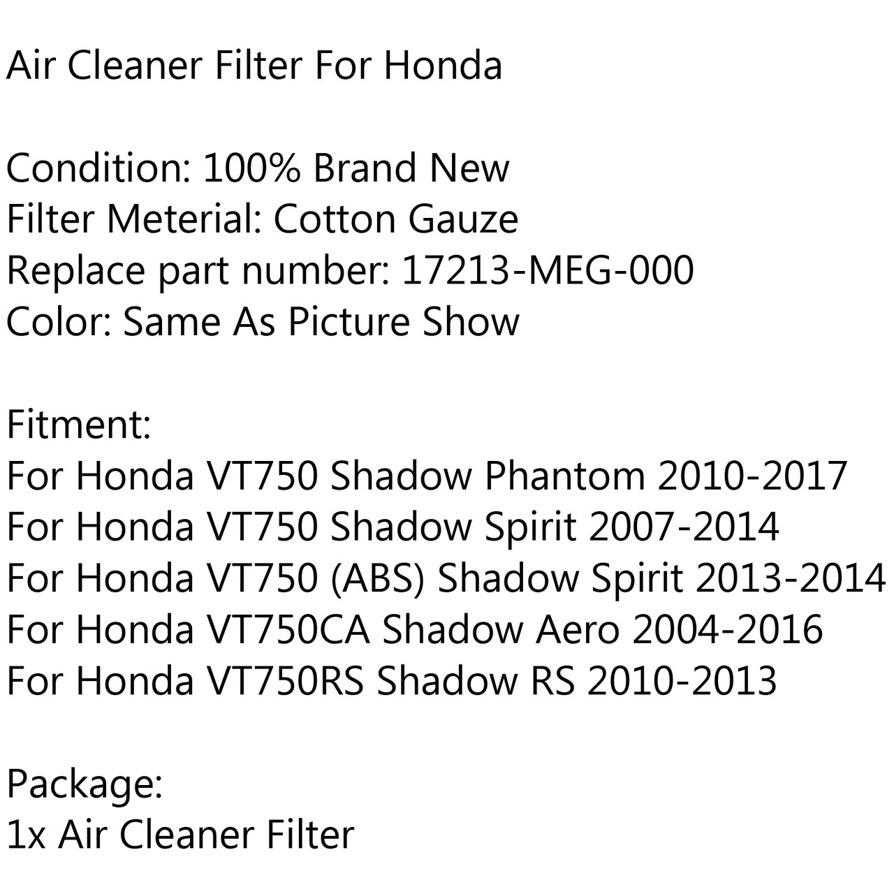 Air Filter Cleaner for Honda VT750CA Shadow Aero (04-16) VT750RS Shadow RS