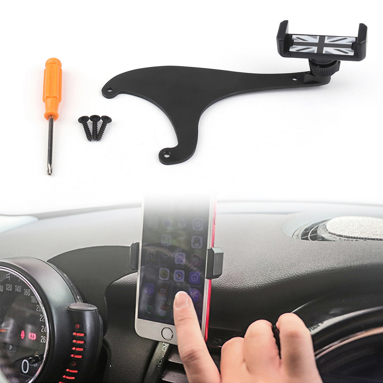 360 Rotation Car Phone Mount Cradle Holder Stand Kit For Mini Cooper F60, Gray Union Jack