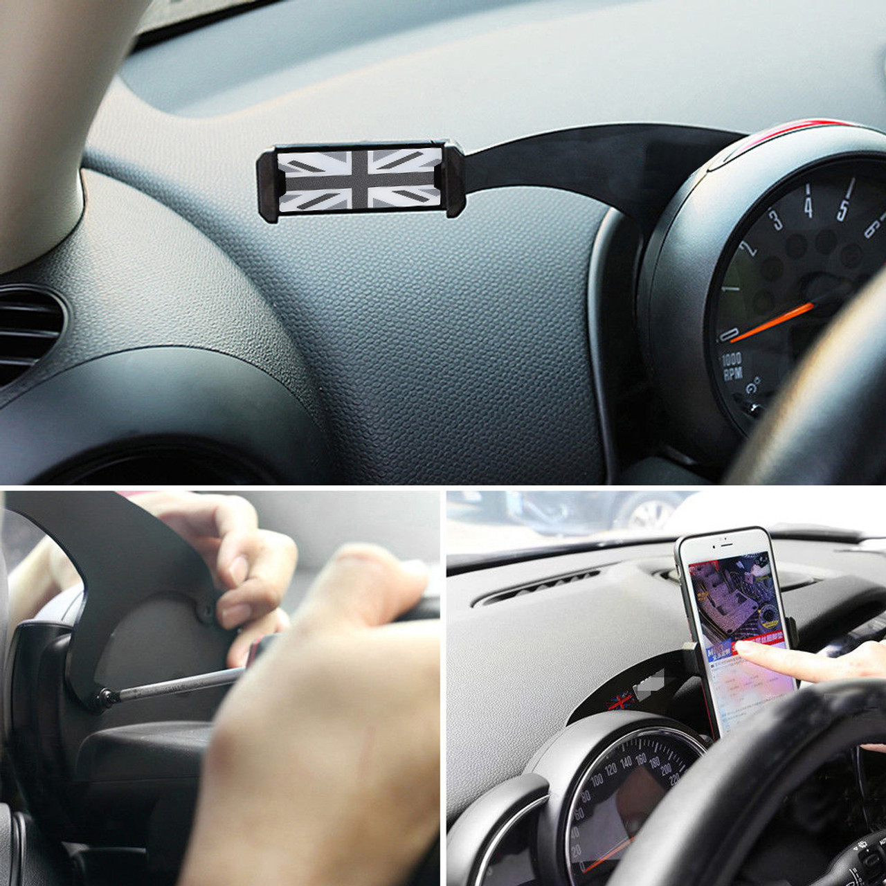 360 Rotation Car Phone Mount Cradle Holder Stand For Mini Cooper R55 R56, Gray Union Jack