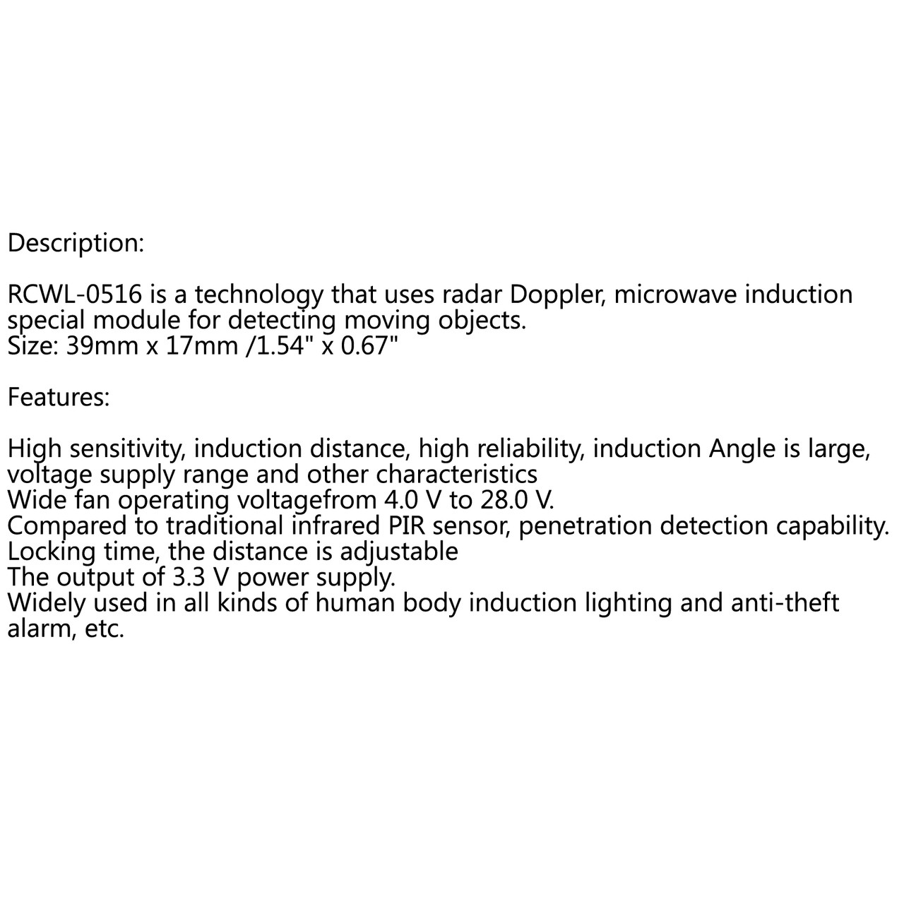 RCWL-0516 Microwave Radar Sensor Switch Module Body Induction Detector