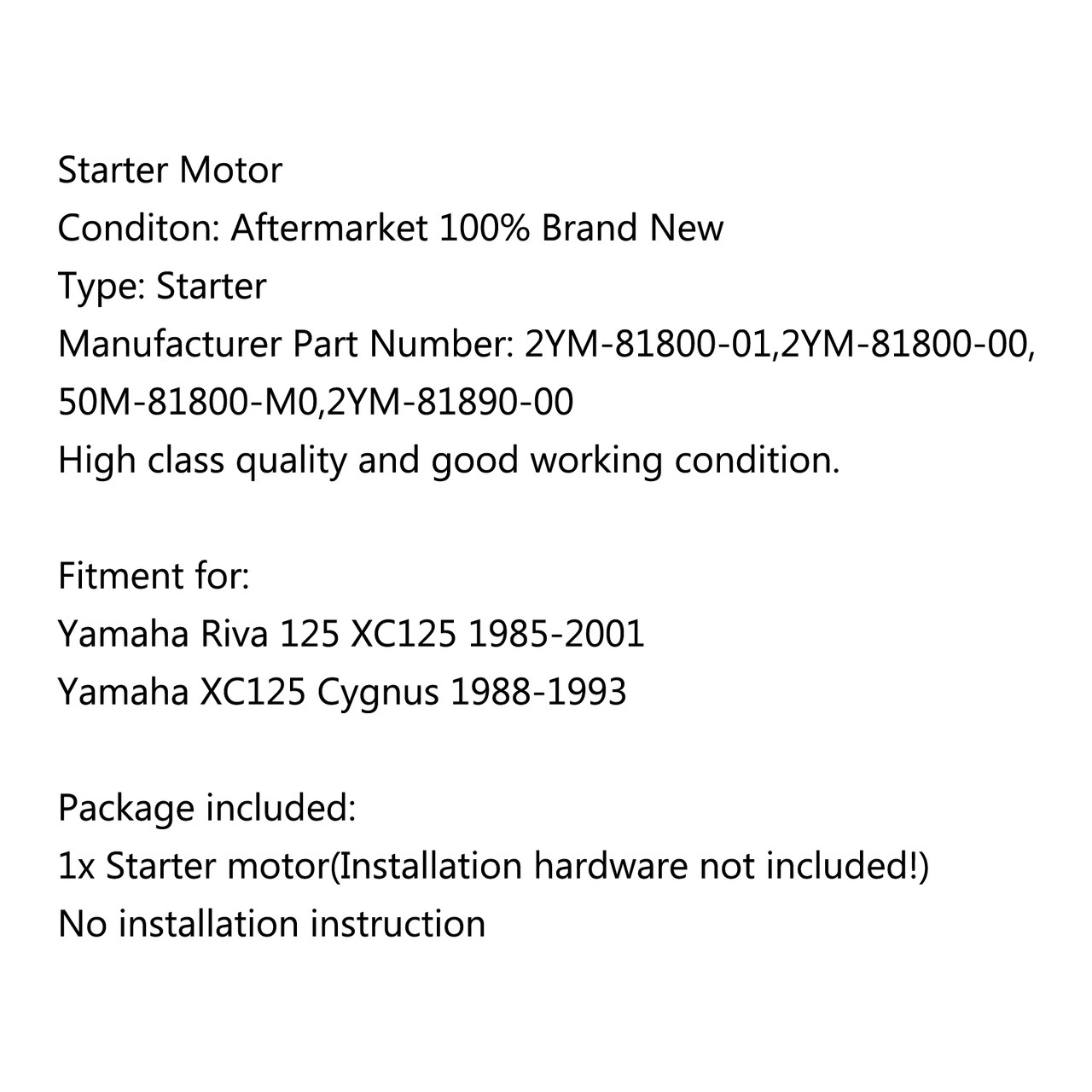 Motor Starter For Yamaha Riva 125 XC125 1985-2001 XC125 Cygnus 1988-1993 Gold