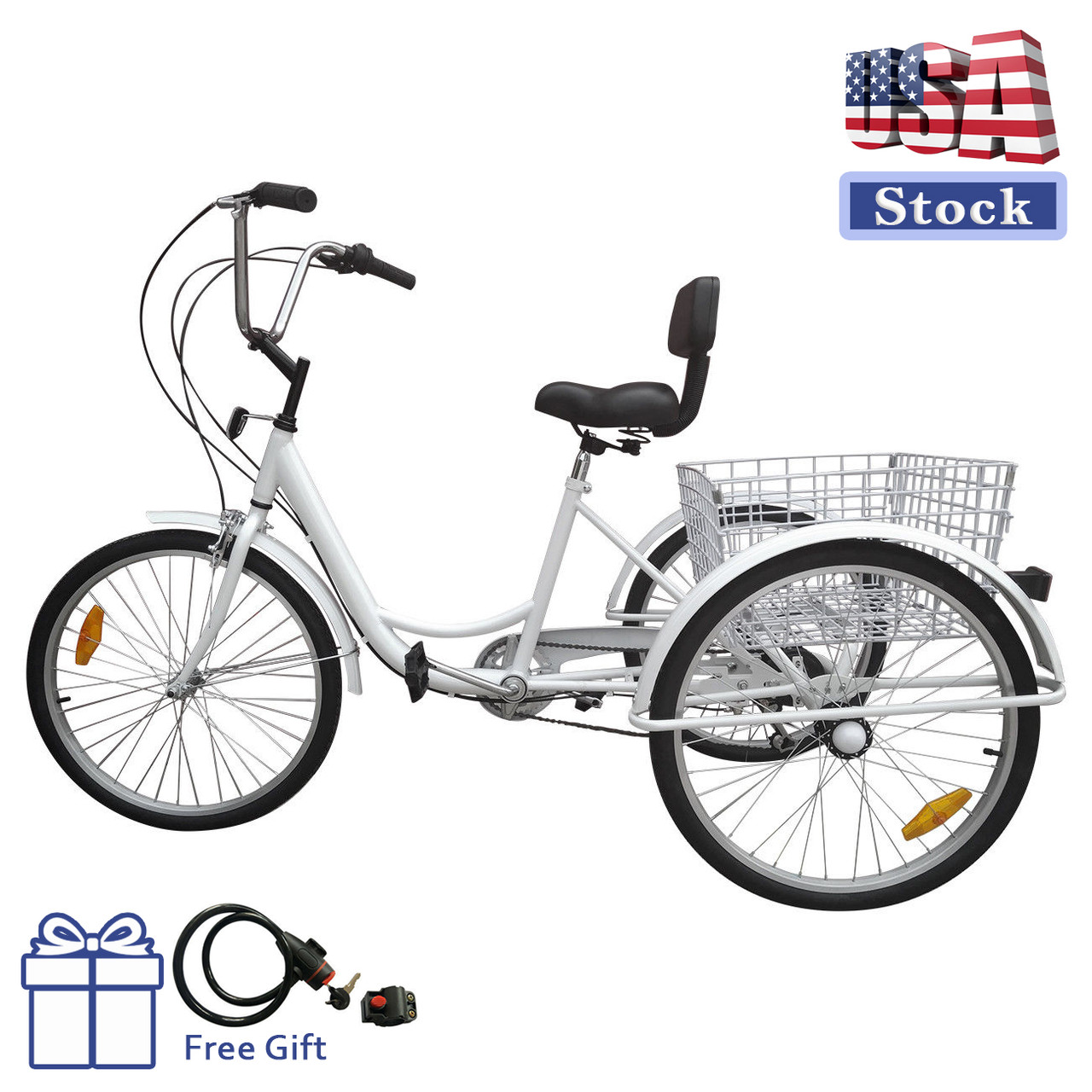 24" Tricycle Adult 3-Wheel Trike 7-Speed Bicycle with Basket White (lock + pump )