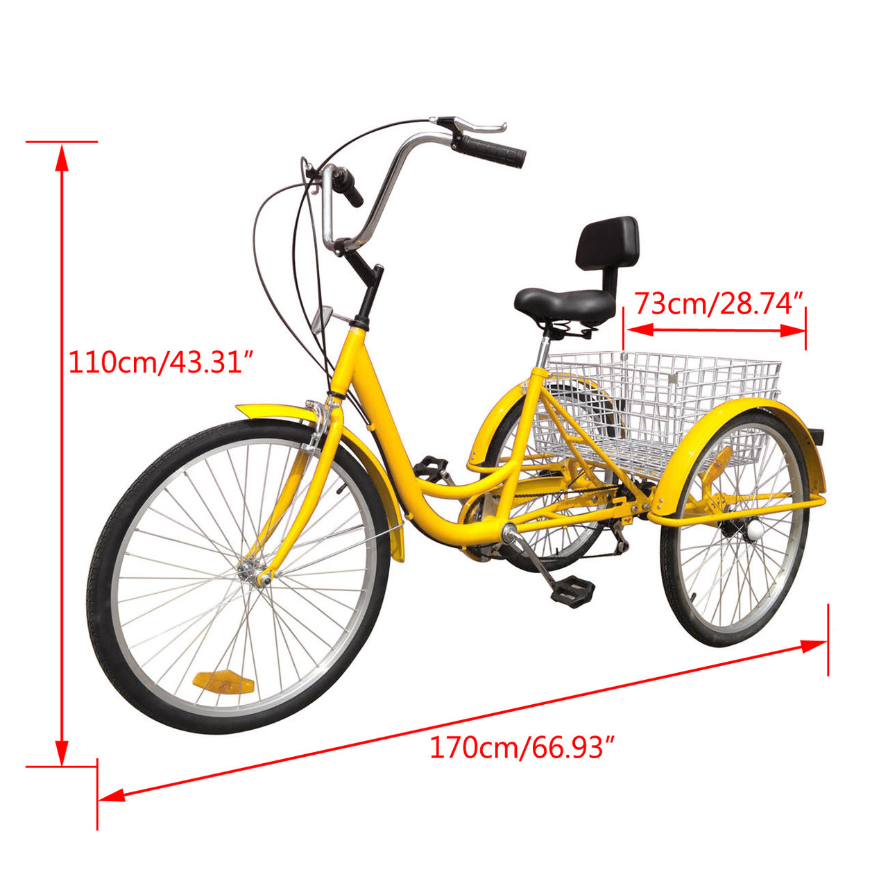 24" Tricycle Adult 3-Wheel Trike 7-Speed Bicycle with Basket Yellow (lock + pump )