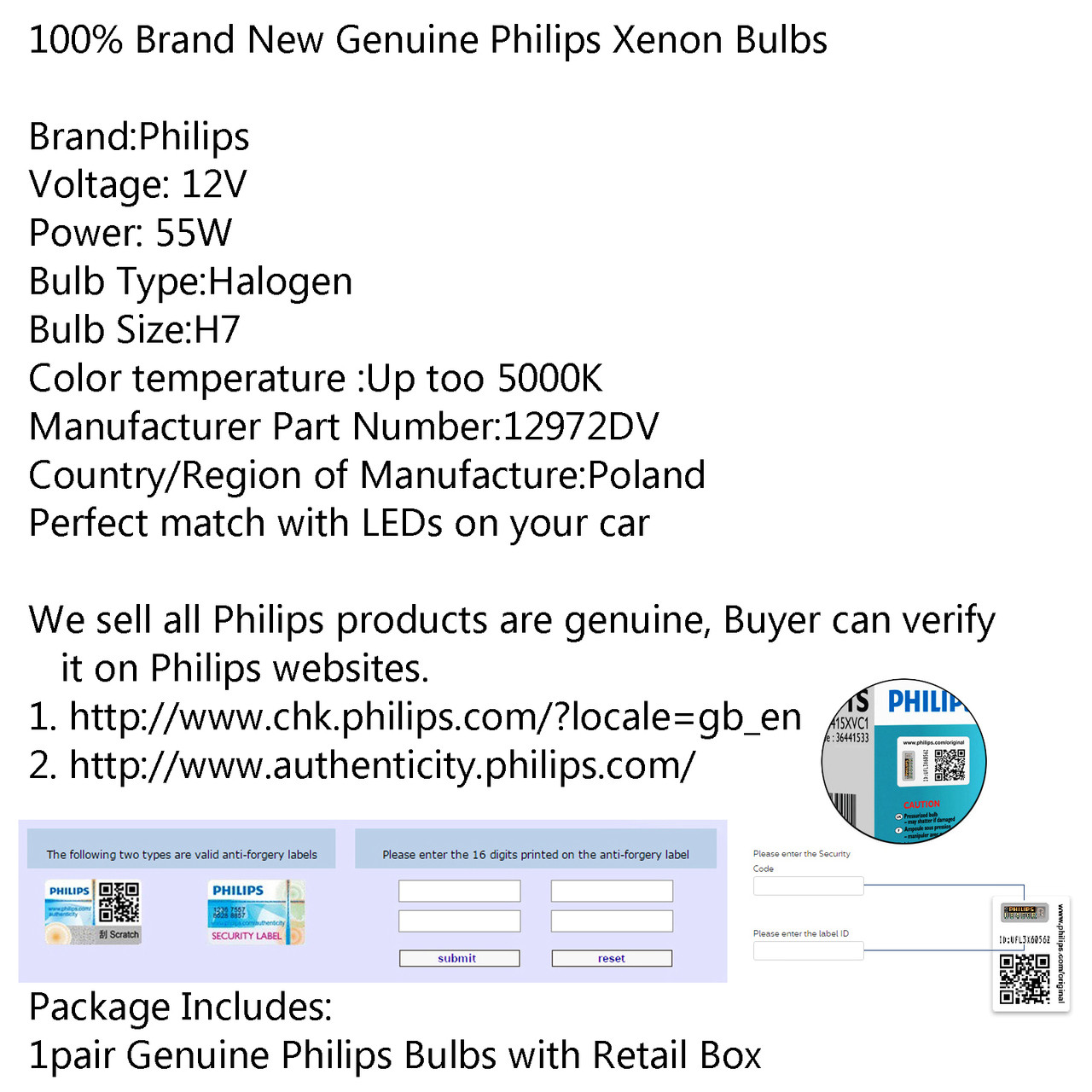 Philips H7 Diamond Vision 5000K White Halogen Bulbs