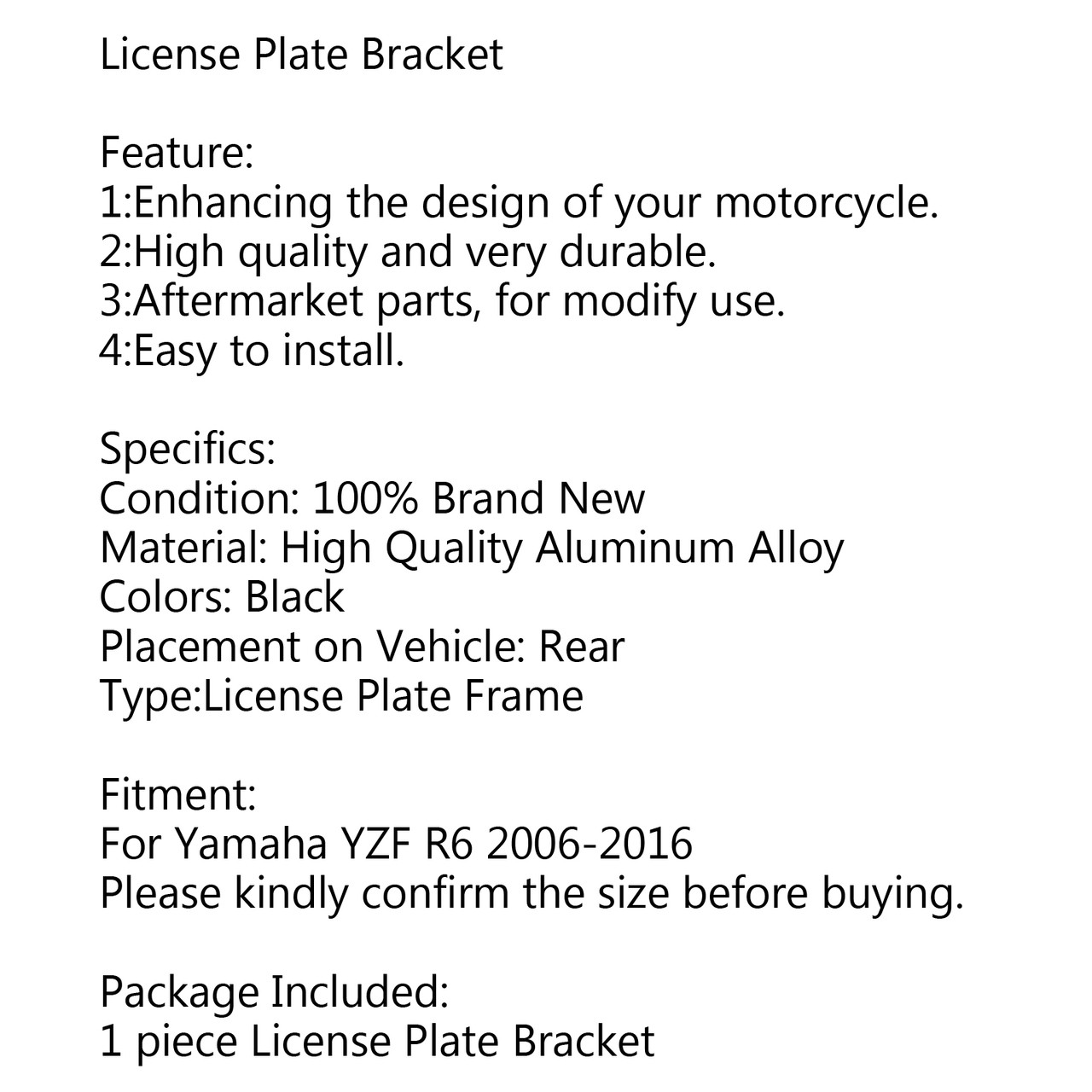 Flat Aluminum License Plate Relocation Bracket For Yamaha YZF R6 & R6S (All Years) - Silver, Mounts To Rear Axle, Vertical Tag Holder