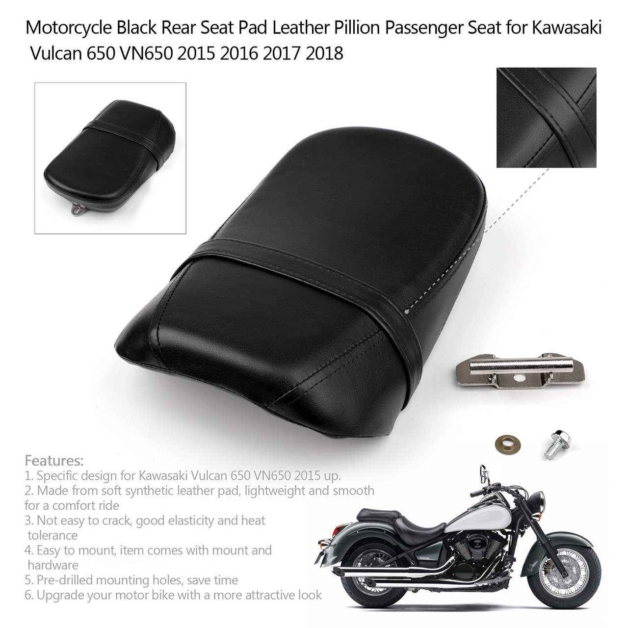 Rear Passenger Pillion Pad Seat For 2015-up Kawasaki Vulcan 650 