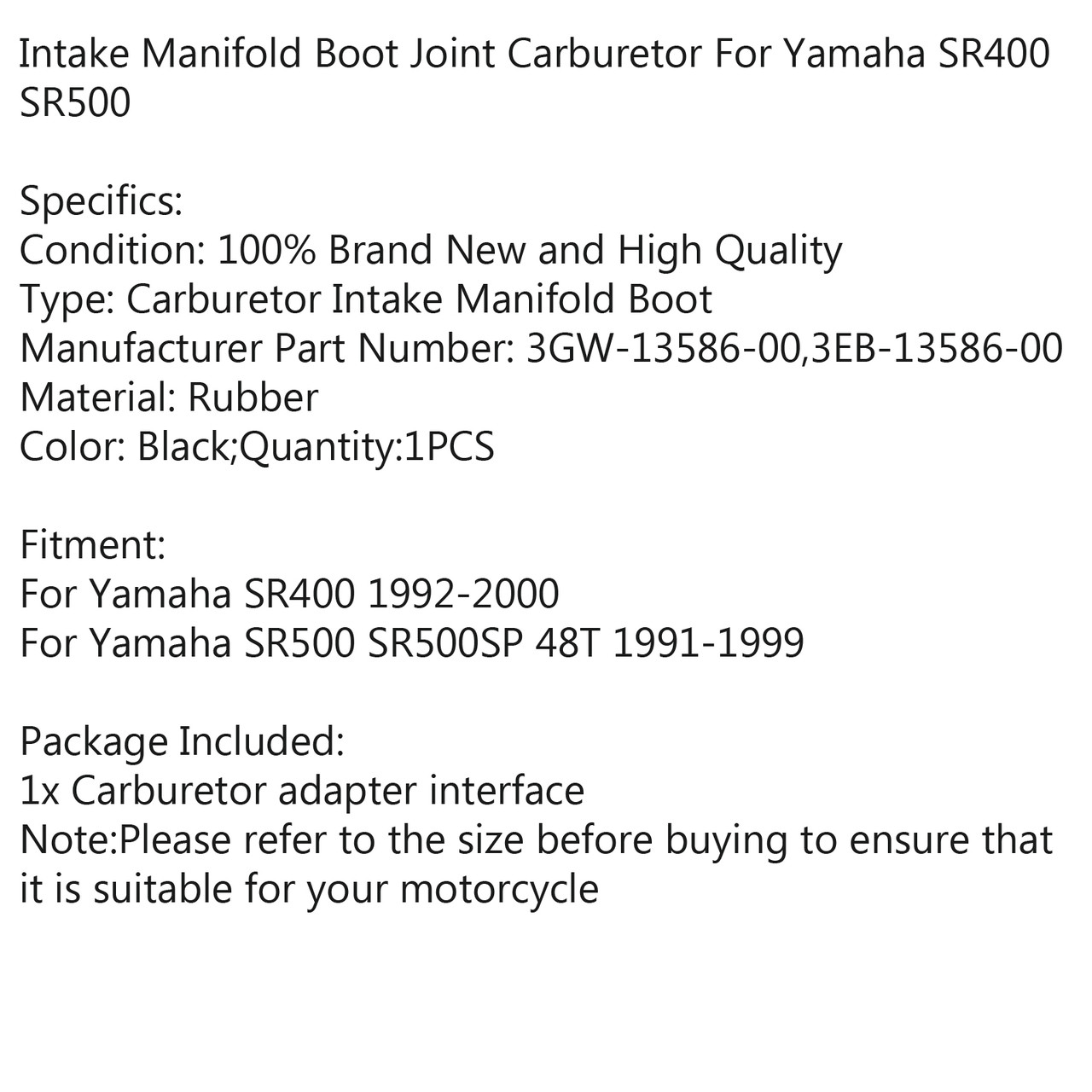 Carburetor Intake Manifold Boots Set For Yamaha SR400 92-00 SR500 SR500SP 48T 91-99