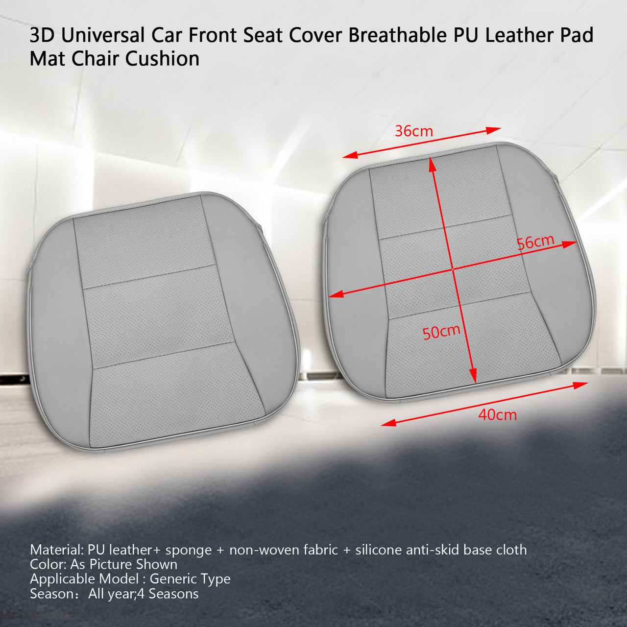 3D Universal Car Front Seat Cover Breathable PU Leather Pad Mat Chair Cushion Gray