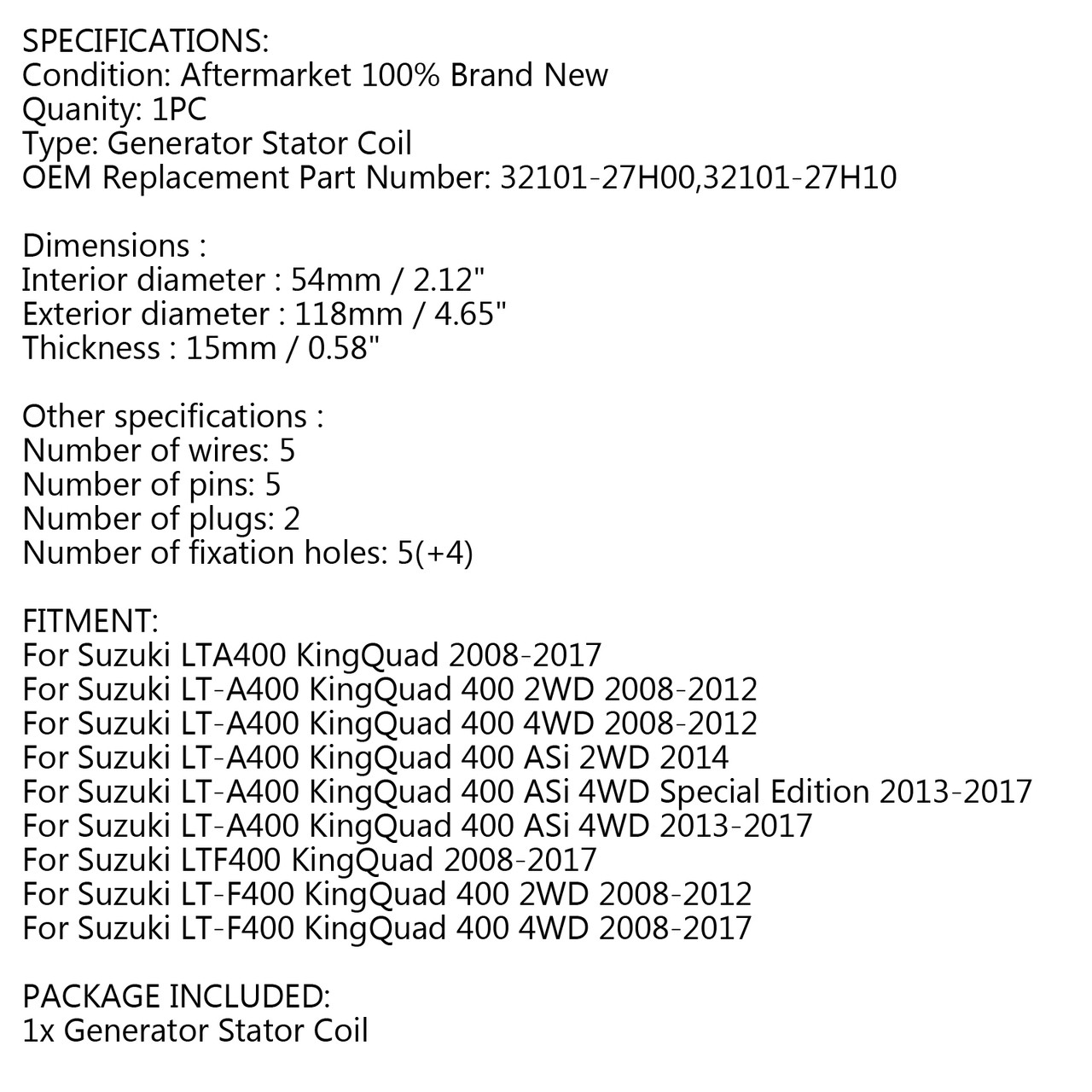 Generator Stator For Suzuki LTA400 LT-A400 LTF400 LT-F400 KingQuad 400 08-17