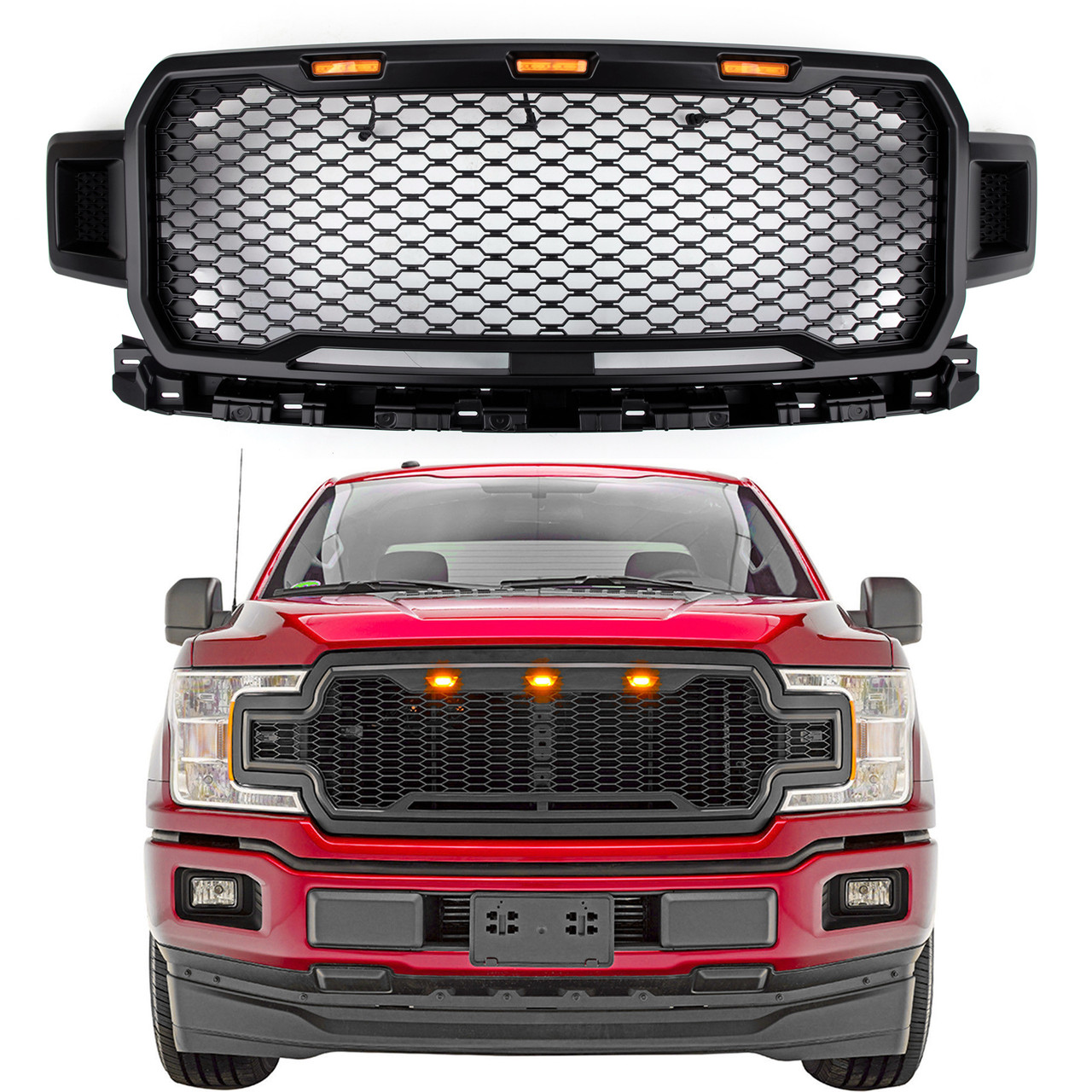 LED Grille Repalcement Upper ABS Grill For Ford F150 2018-2019 Black Amber With Logo
