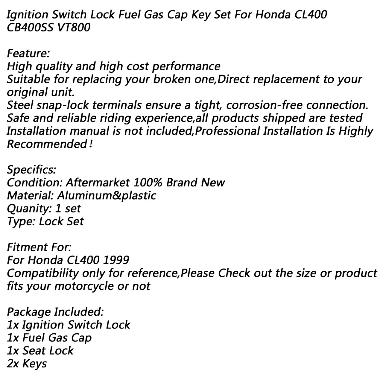 Ignition Switch Lock Fuel Gas Cap Seat Helmet Lock Keys Kit for Honda CL400 1999