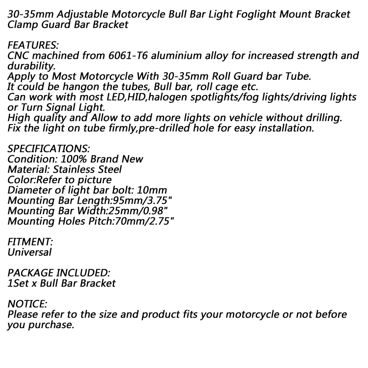 30-35mm Adjustable Bull Bar Light Foglight Mount Bracket Clamp Black