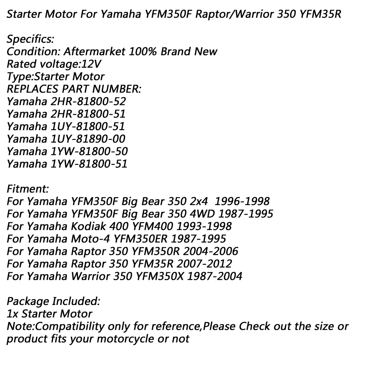 Electric Starter Motor for Yamaha YFM350F Big Bear 350 4WD YFM350R Raptor Moto-4