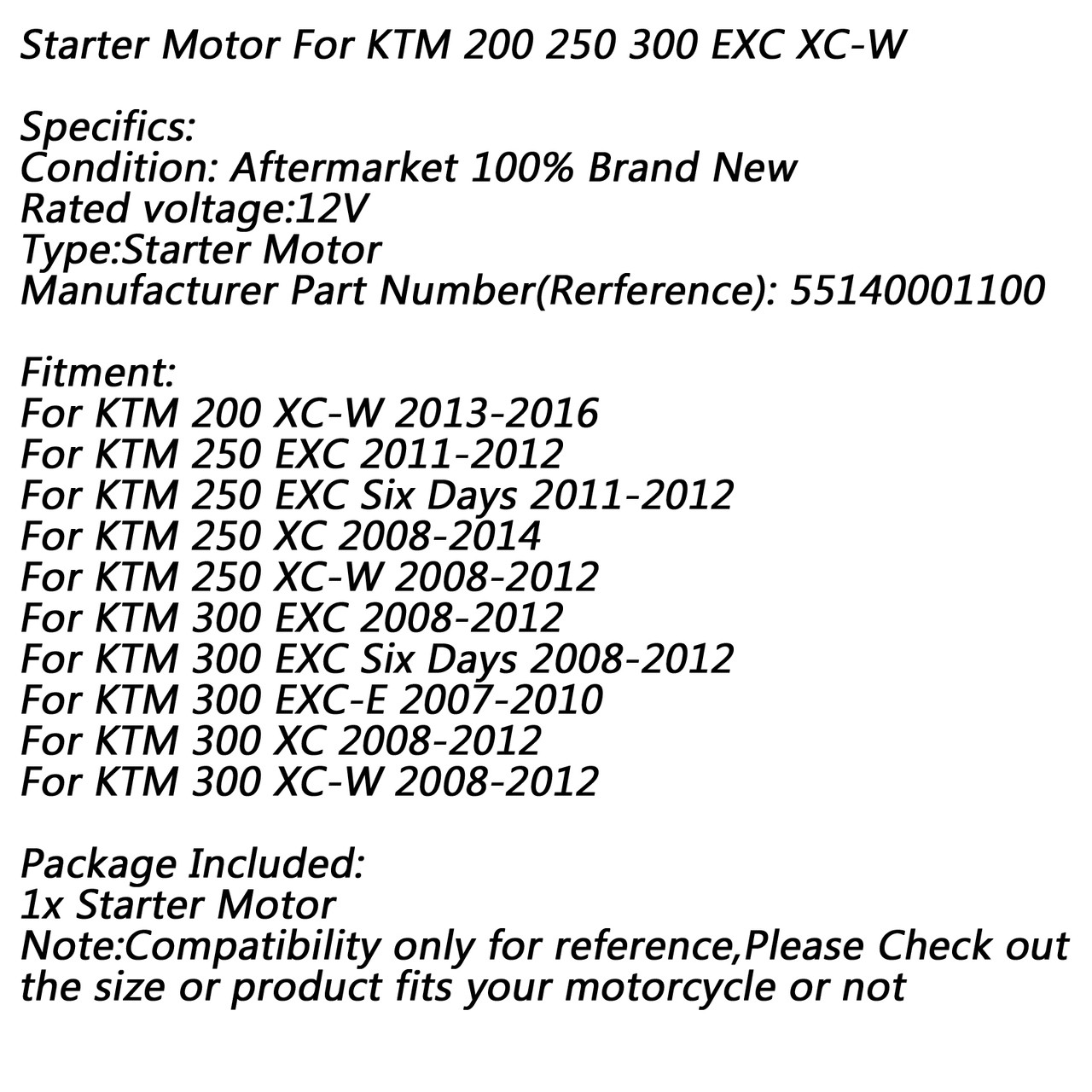 Electric Starter Motor for 300 EXC/Six Days XC/XC-W 2008-2012 EXC-E 07-10 300