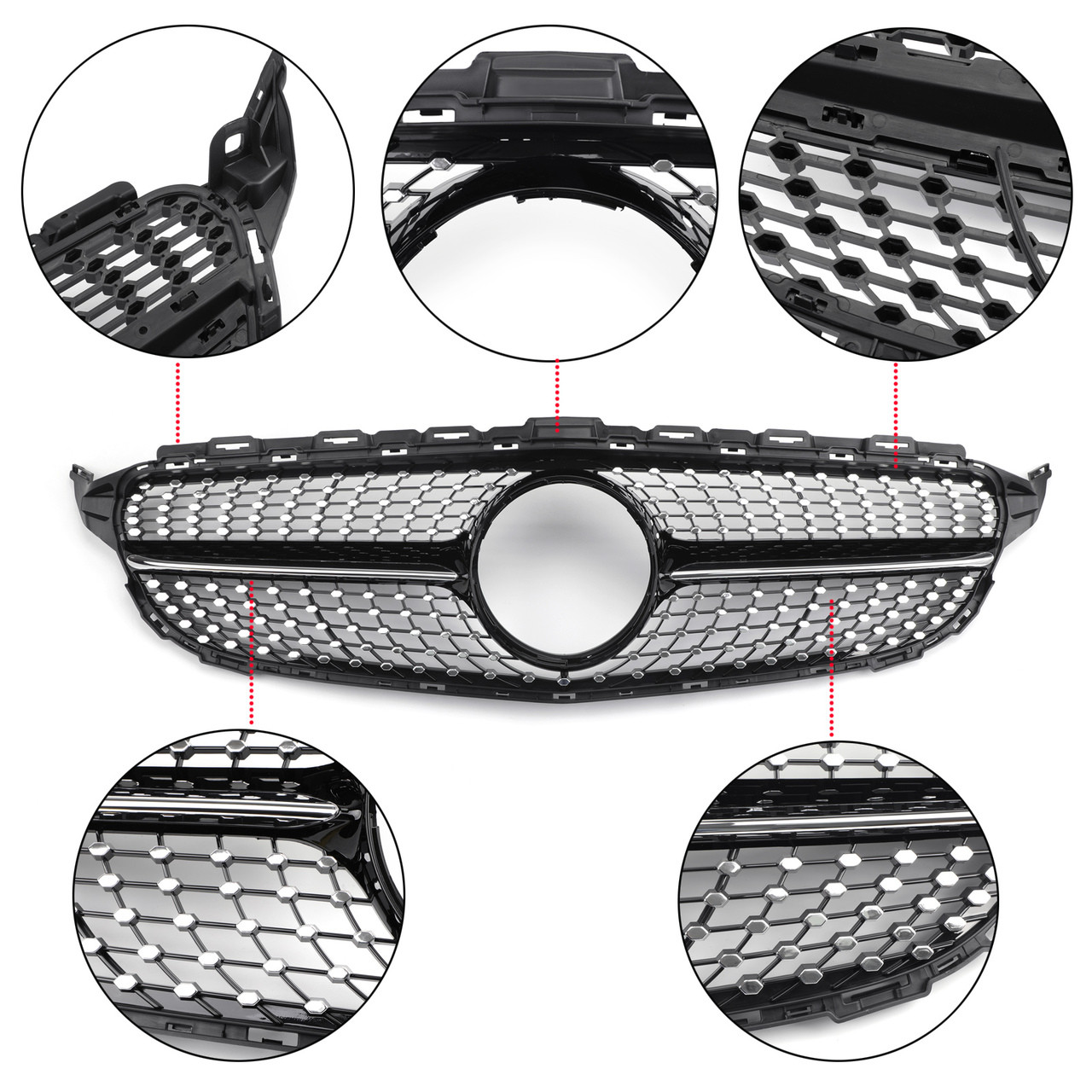 Front Diamond Grill Grille For Benz W205 C Class C250 C300 C400 2015-2018