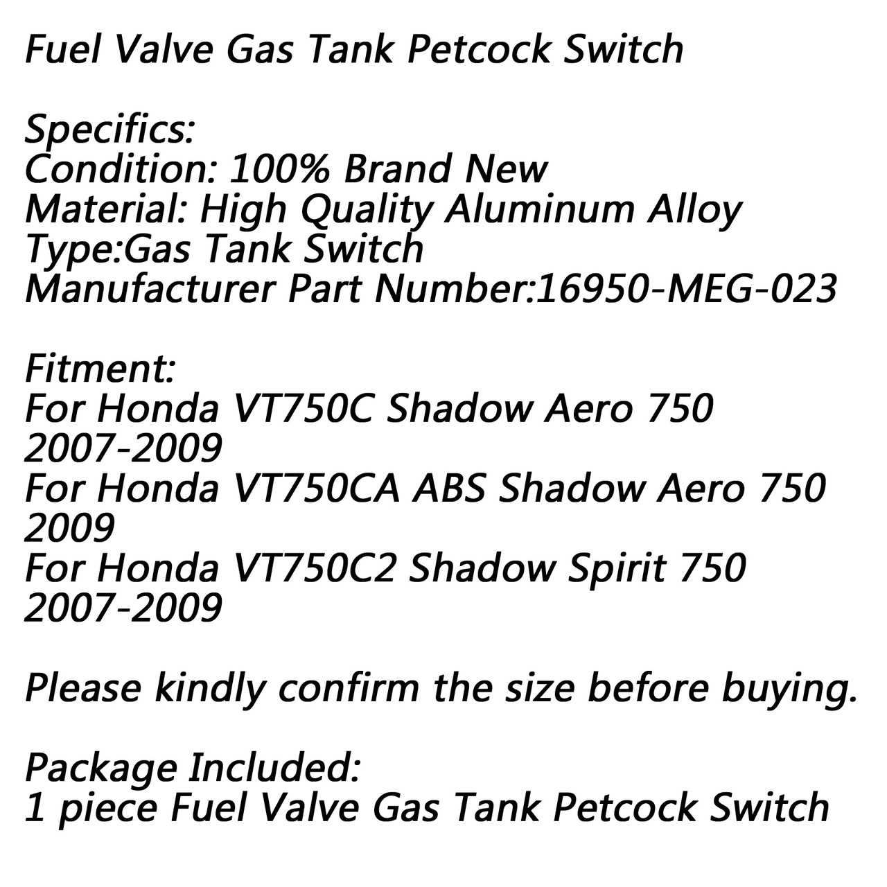 Fuel Petcock Valve Gas Tank Switch For Honda VT750C2 Shadow Spirit 750 2007-2009