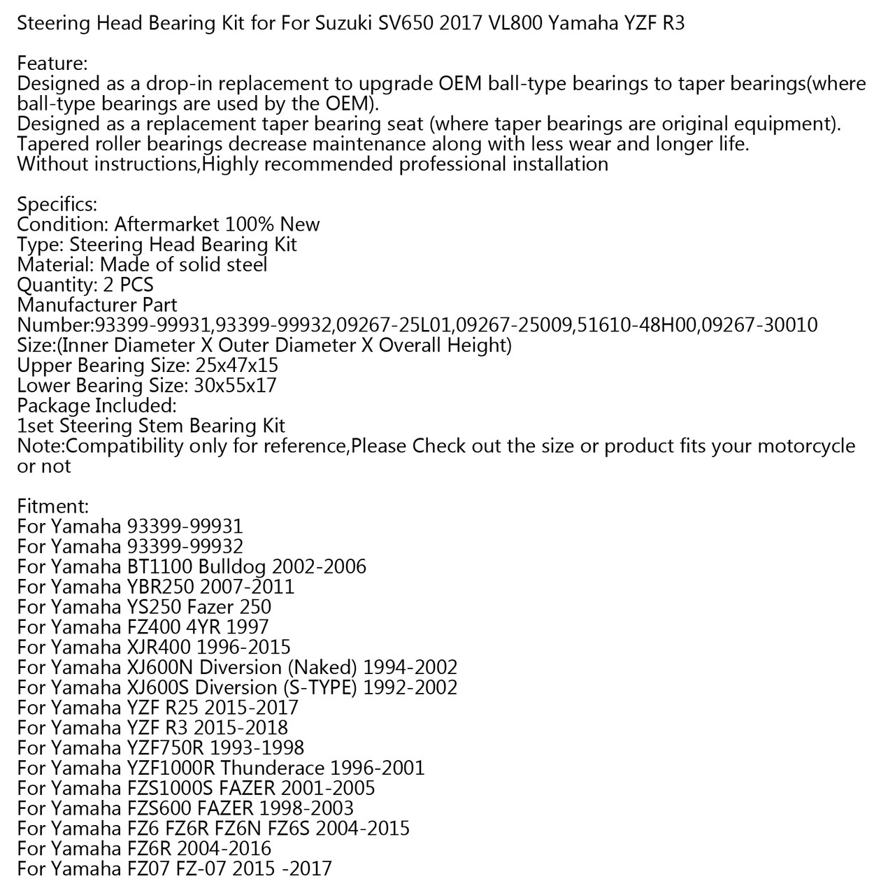 Steering Stem Bearing Seal Kit for Yamaha FZ07 FZ07 FZ09 MT 03 07 XVS