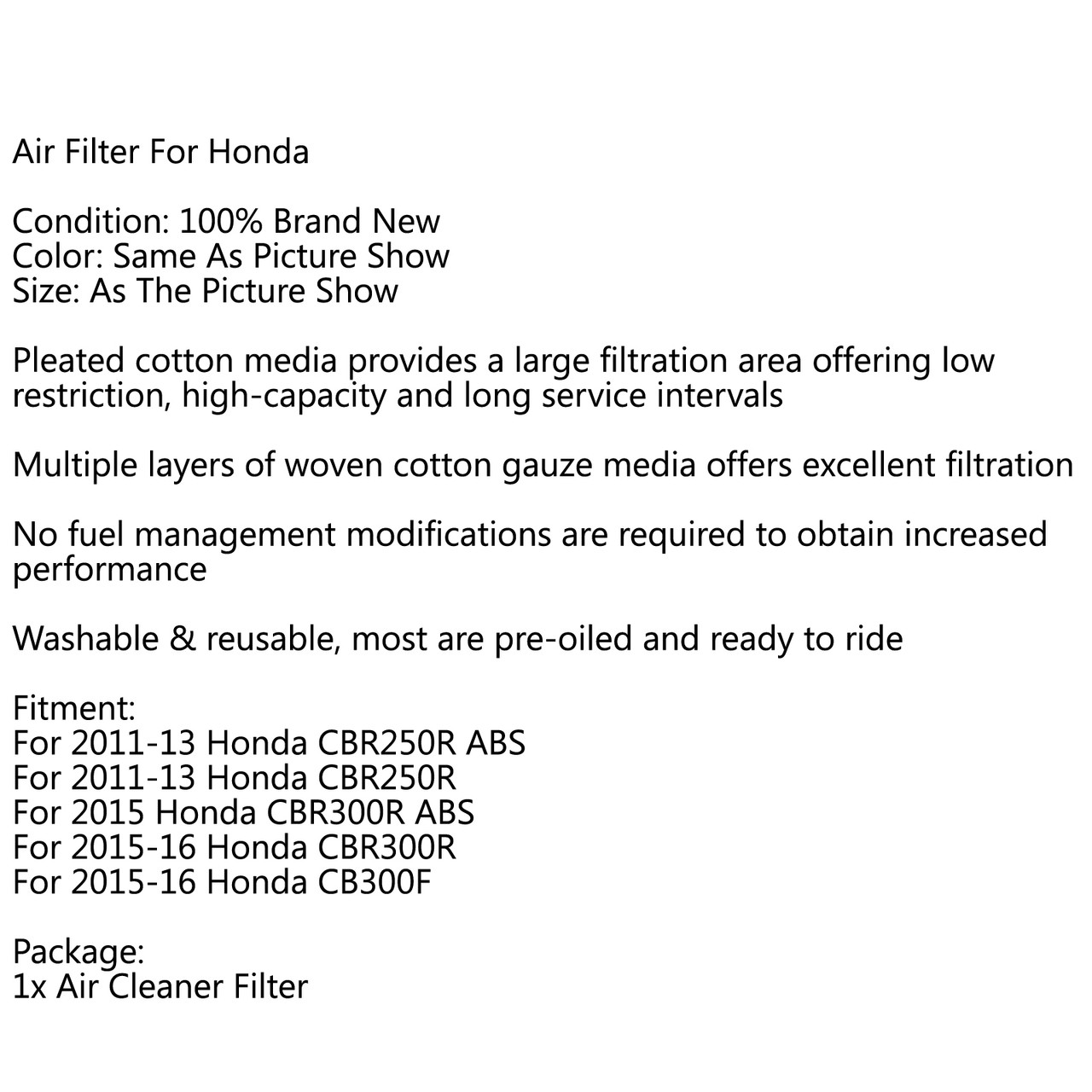Air Filter Cleaner Element For 11-13 Honda CBR250R ABS CBR250R 15 CBR300R ABS 15-16 CBR300R Purple